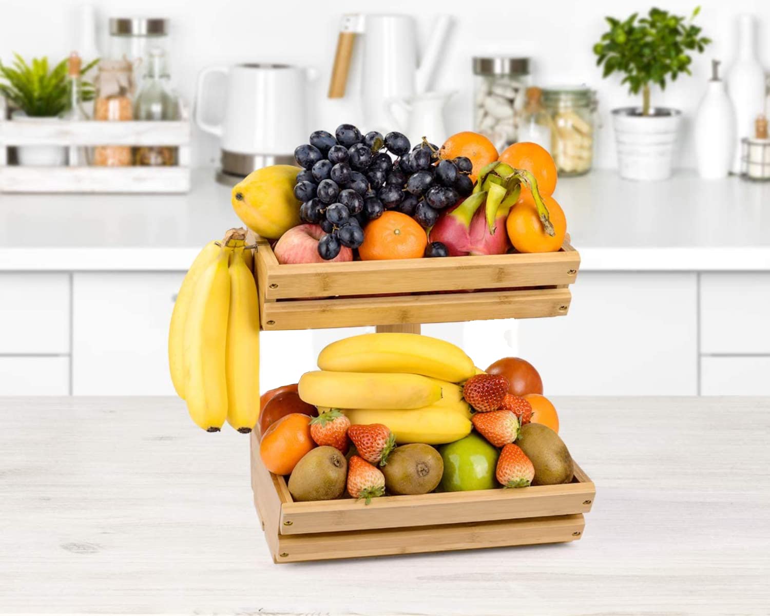2-Tier Wooden Fruit Basket for Kitchen - Organizer for Bread, Vegetables, Snacks & Food - Free Stand & Wall Mount - Perfect for Pantry, Dining Room & Countertop Storage