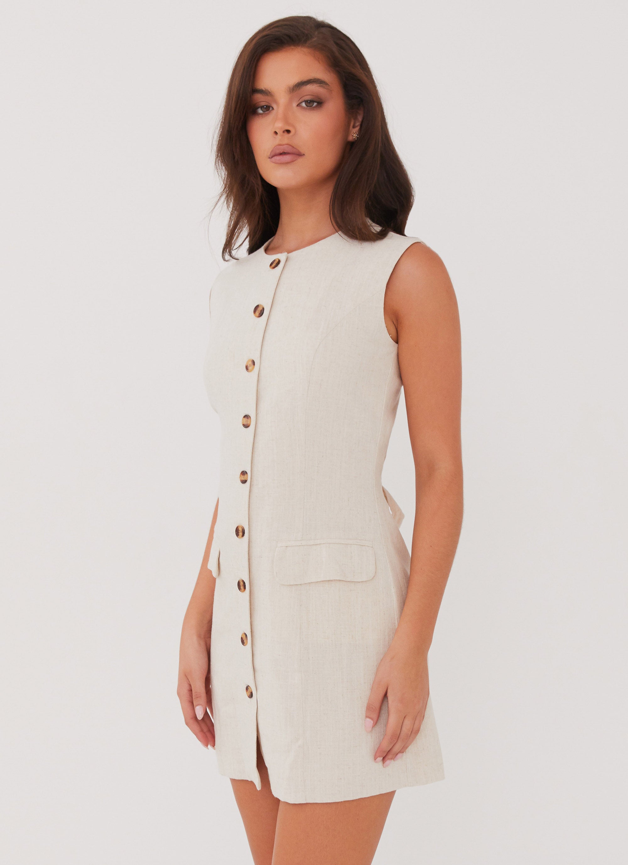 Castello Fiore Linen Mini Dress - Breathable Summer Dress in Oatmeal | Casual Beach Wear & Boho Chic Outfit for Women