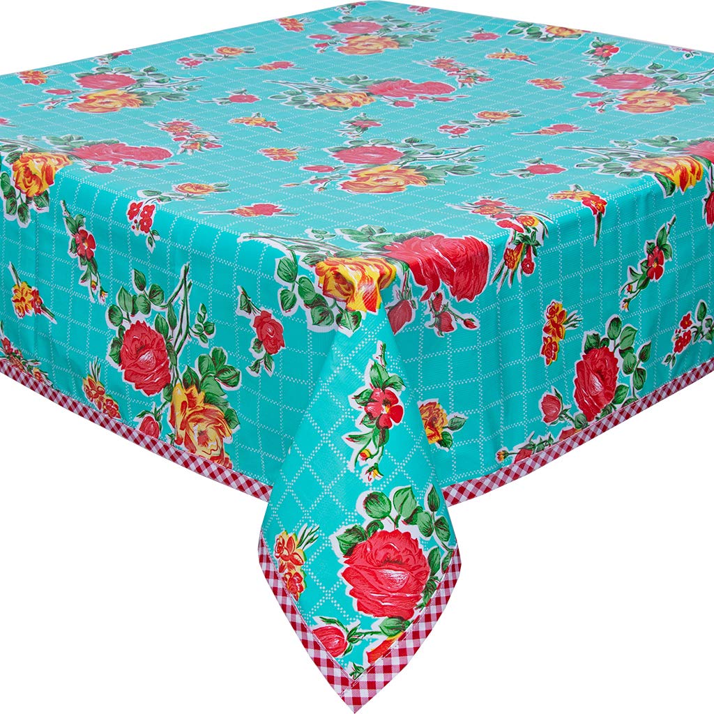 Rose and Grid Aqua Tablecloth with Red Gingham Trim - 48 x 48 Inch Waterproof Polyester Fabric for Outdoor Picnics, Parties, and Dining Decor