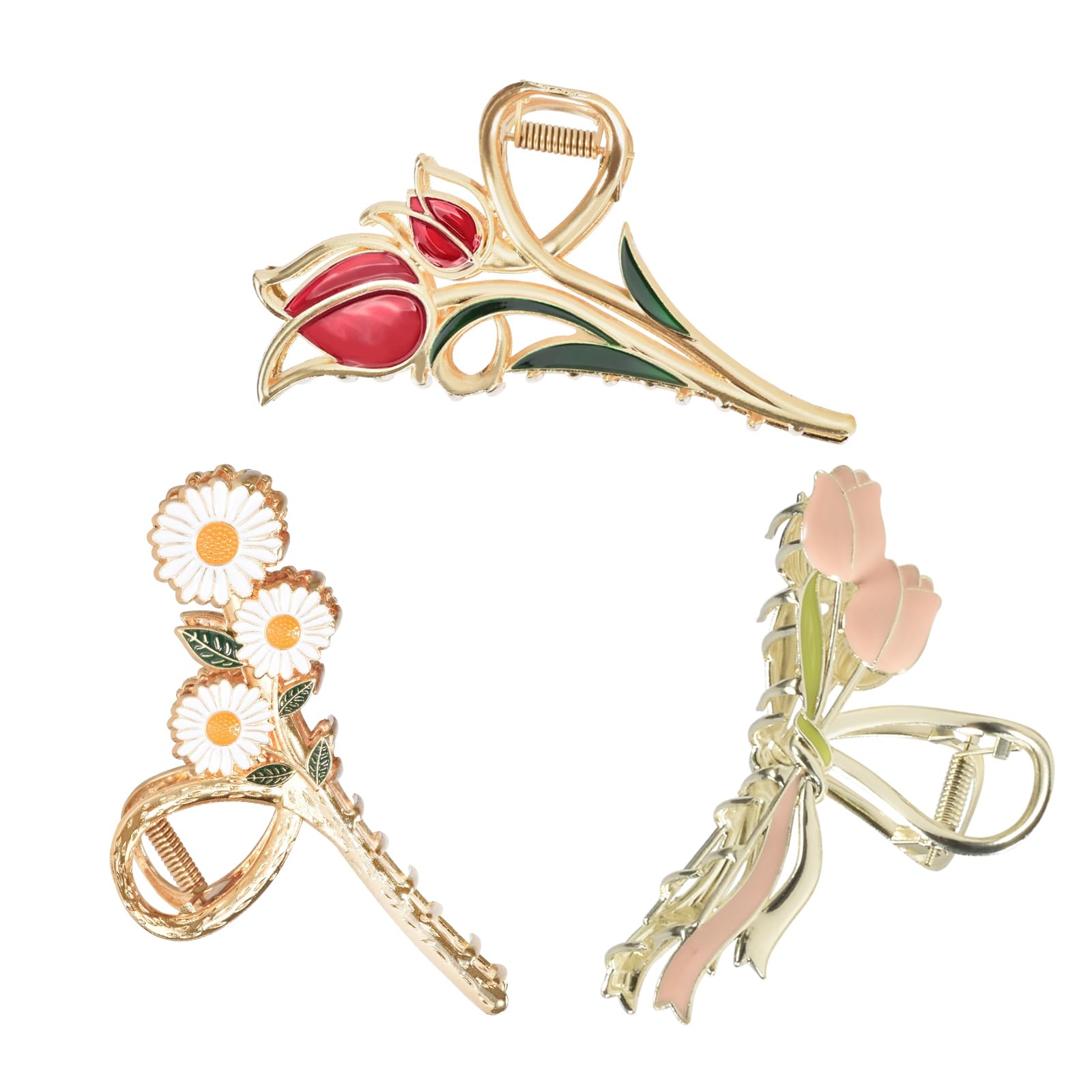 3-Piece Flower Metal Hair Clips Set - Colorful Tulip Hair Claws for Thin to Medium Thick Hair - Elegant Daisy Floral Barrettes with Strong Hold & Non-Slip Grip - Perfect for Weddings, Parties & Everyday Styling