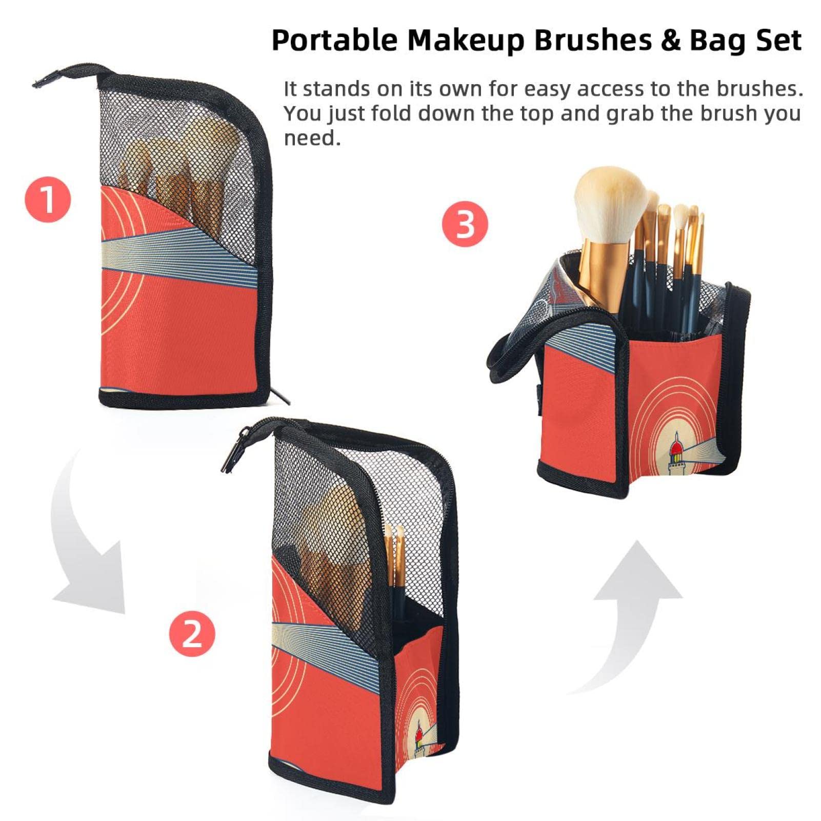 Premium 12-Piece Makeup Brush Organizer Bag with Lighthouse & Blue Sea Design - Portable Travel Makeup Brush Holder Case for Artists, Professionals & On-The-Go Beauty Lovers (Ideal for Travel, Home Vanity & Salon Use)