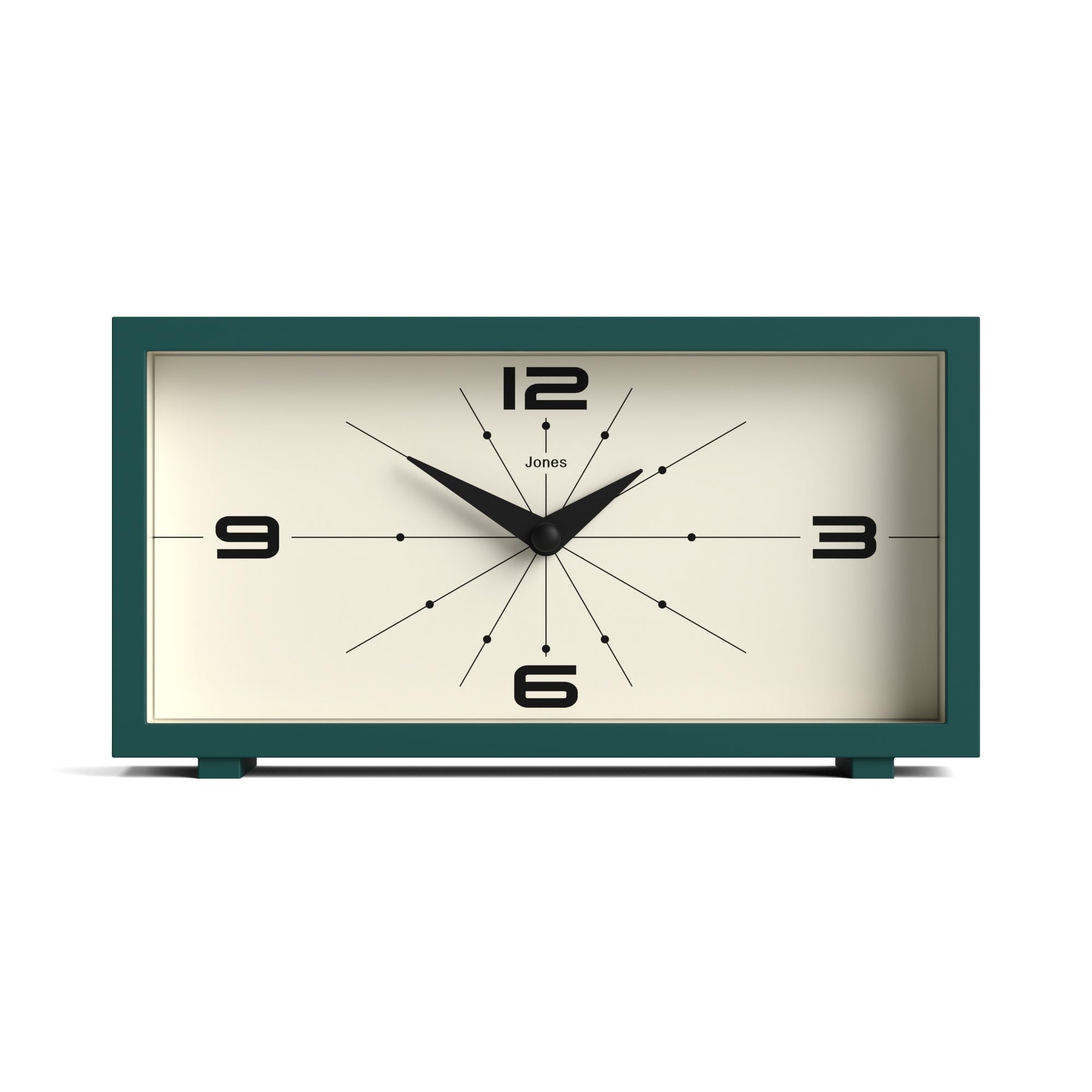 JONES CLOCKS® 'Odeon' Modern Green Rectangular Desk Clock - Stylish Retro Design for Home & Office Decor - Perfect for Shelf, Table, Mantel, Bedside or Gift Giving