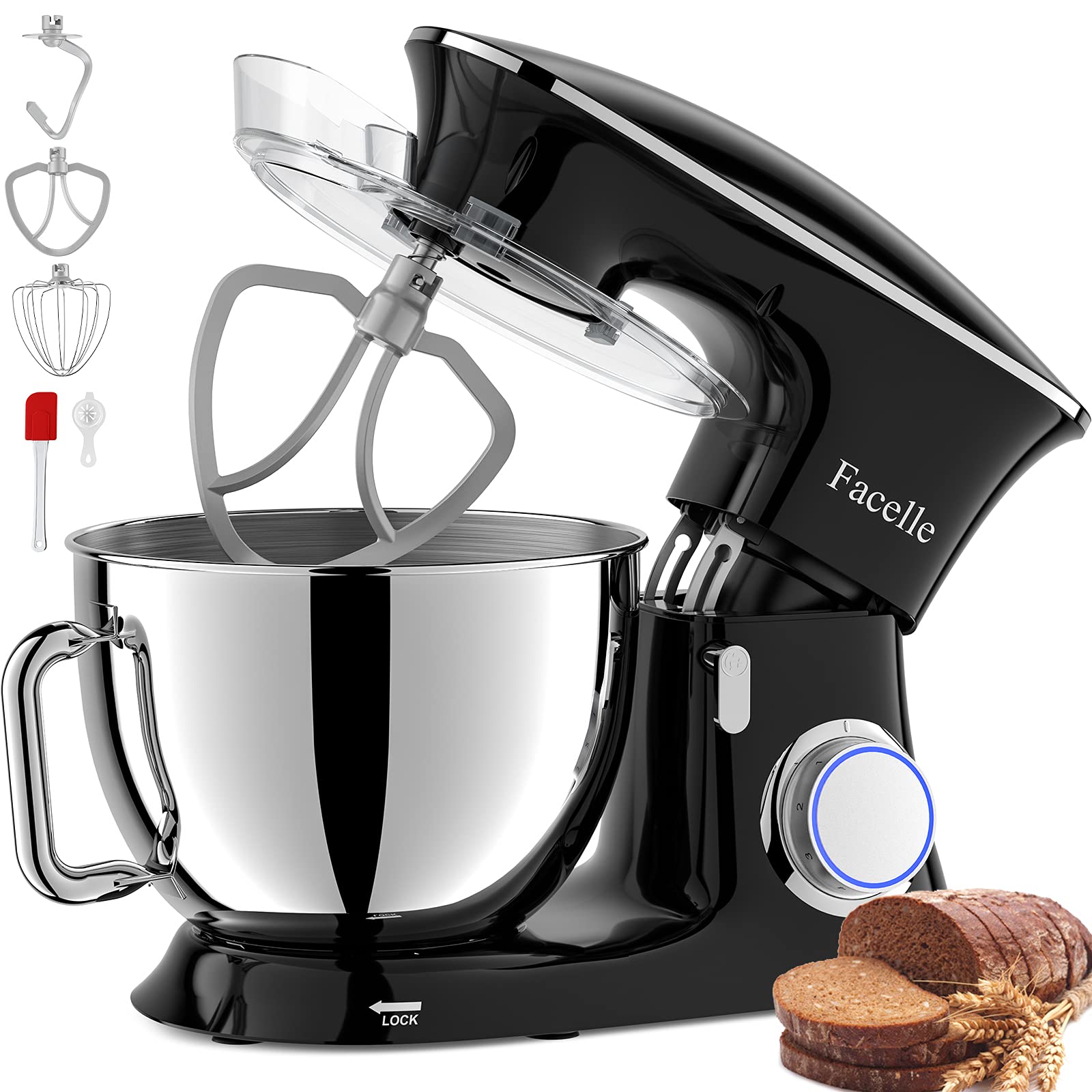 **Facelle 8.5 Quart Stand Mixer, 660W 6-Speed Tilt-Head Electric Kitchen Mixer with Beater, Dough Hook & Wire Whip – Perfect for Baking, Whipping & Kneading – Black**