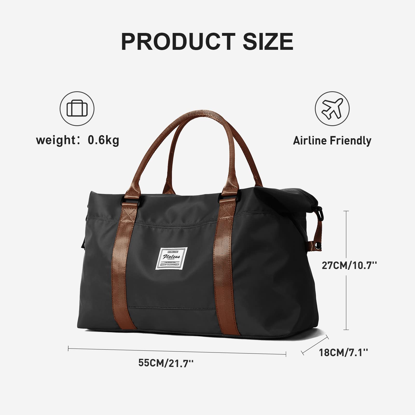 Large Sport Travel Duffle Bag for Women - Waterproof Gym Tote, Weekender Carry On Bag for Airplane, Beach & Overnight Trips - Perfect for Hospital Visits, Workouts & Travel - Includes Wet Bag (A11-Black Brown)