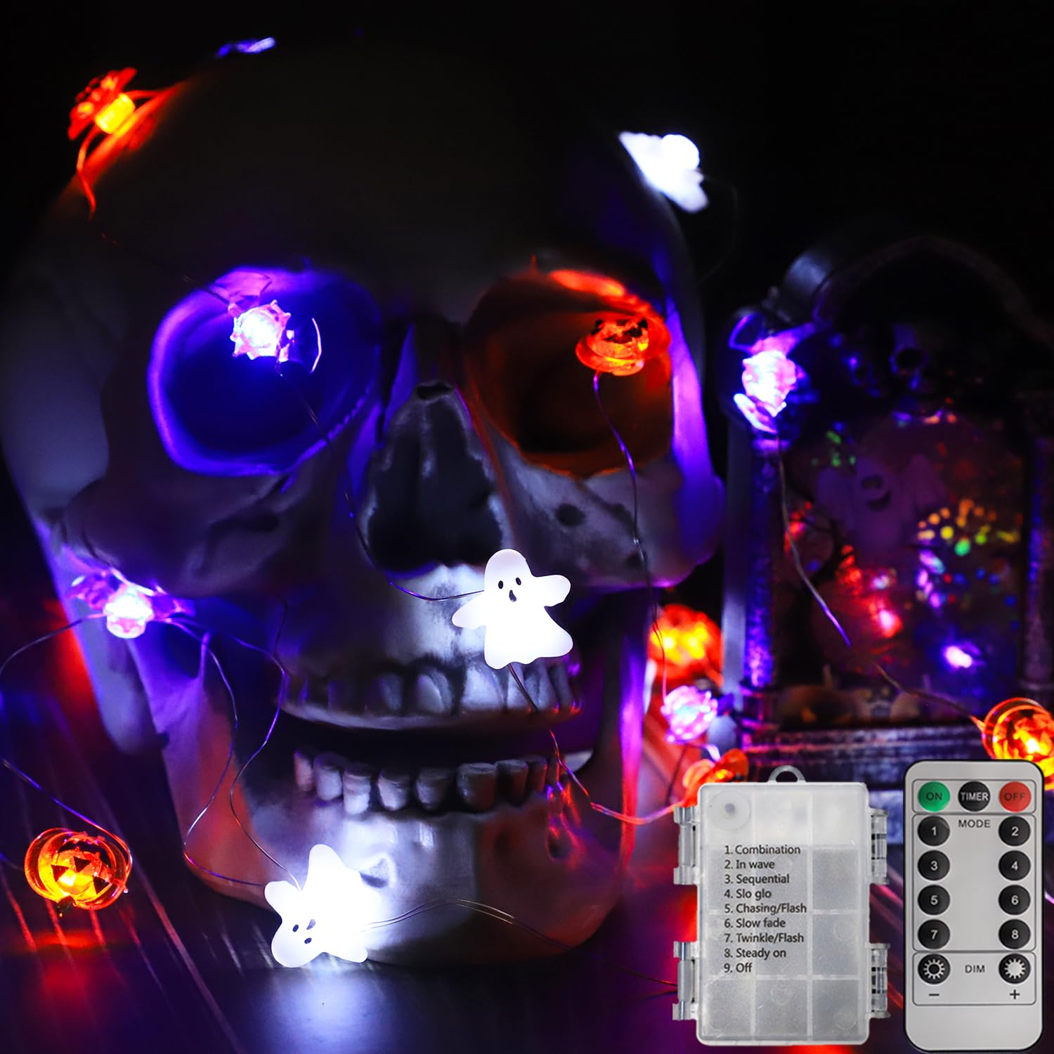 30 LED Halloween String Lights - White Ghost, Purple Bat & Orange Pumpkin Design with Remote Control | Battery Operated Fairy Lights for Cosplay Party, Gothic Halloween Decor | Perfect for Indoor/Outdoor Halloween Party, Home Decoration & Spooky Night Lighting