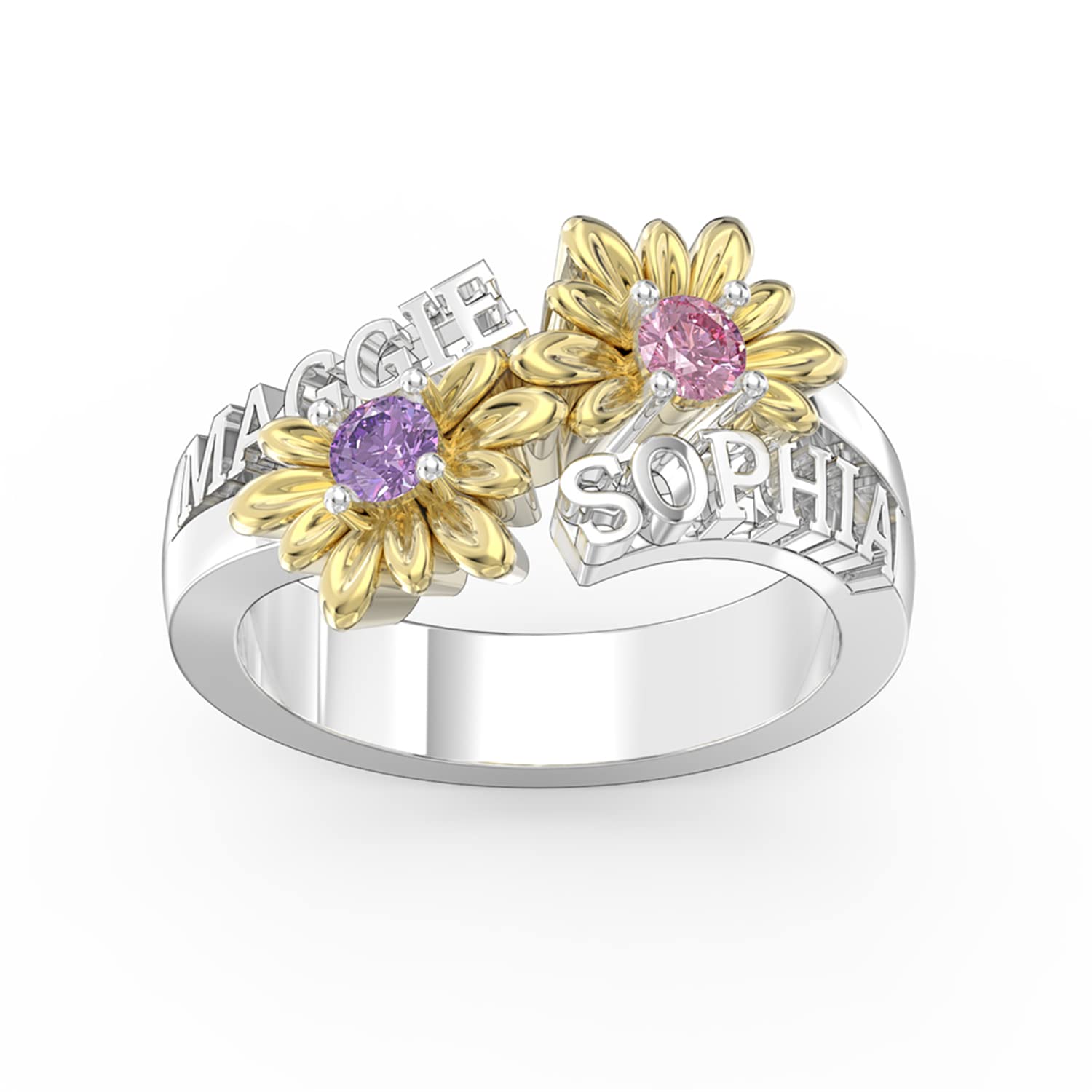Personalized Sunflower Name Rings for Women - Custom Engraved Handmade Promise Rings for Her, Couples, Mother Daughter - 2 Birthstone Rings for Mom - Perfect for Anniversaries, Engagements & Special Gifts