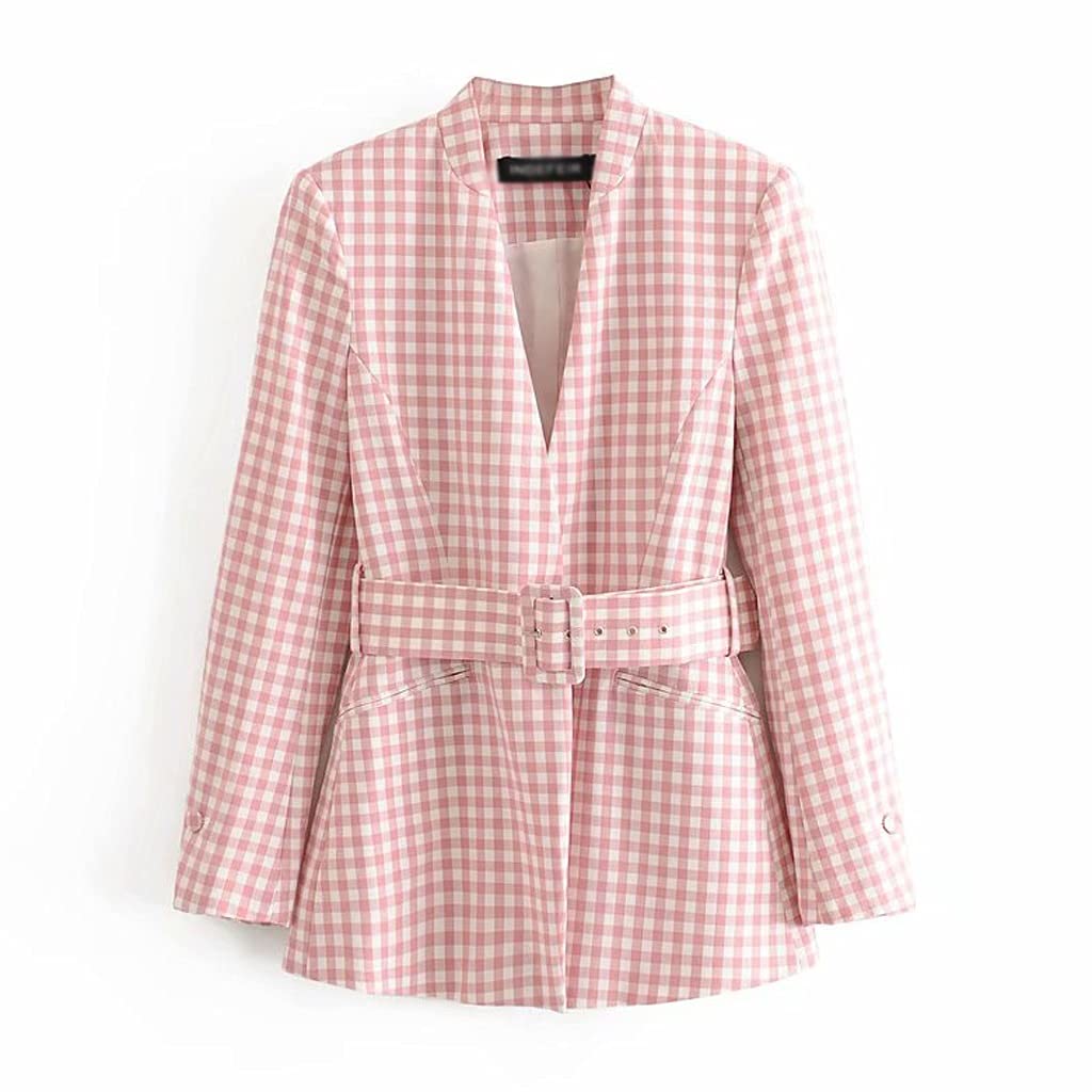 Vintage Pink Plaid Women's Blazer Suit - Sexy V-Neck Belted Office Jacket for Women (Pink, Size M) | Perfect for Business Casual, Workwear & Professional Outfits