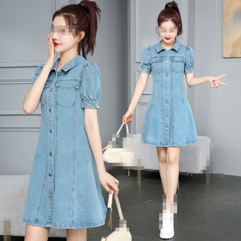 Stylish Women's Denim Jean Dress - Short Sleeve, Shirt Collar, Single Breasted Slim Fit Mini Dress in Blue | Perfect for Summer Outfits, Casual Wear & Beach Vacations