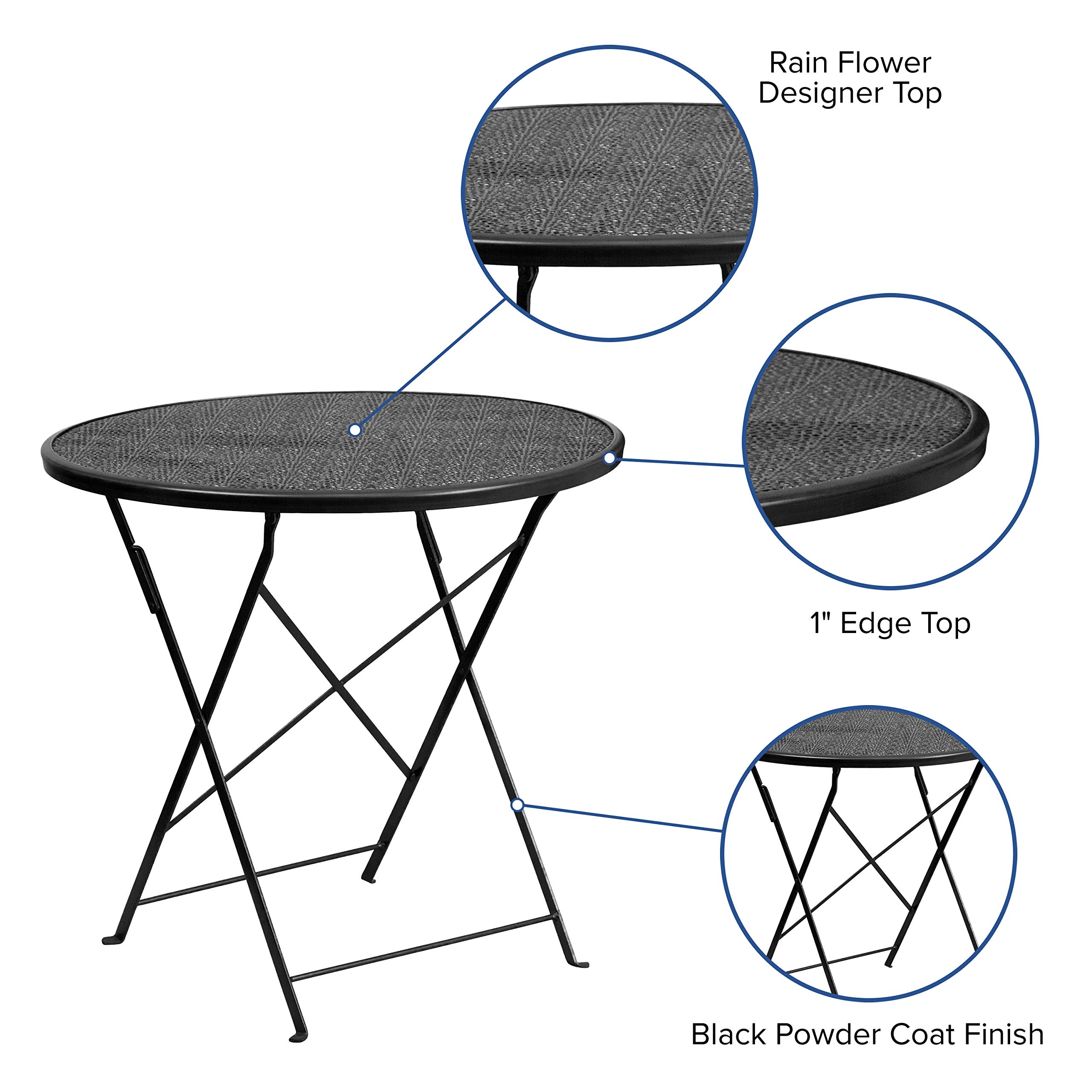 EMMA + OLIVER 30-Inch Round Black Steel Folding Patio Table - Commercial Grade Indoor Outdoor Dining Table for Restaurants, Cafes, and Backyard Gatherings