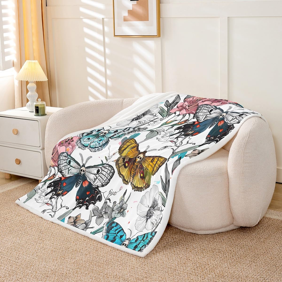 Gothic Death Moth Plush Blanket with Skull & Floral Design - Soft Sherpa Fleece Throw Blanket 60x80 Inches for Bed, Couch, Sofa - Perfect for Halloween Decor, Gothic Room Aesthetic & Cozy Winter Nights