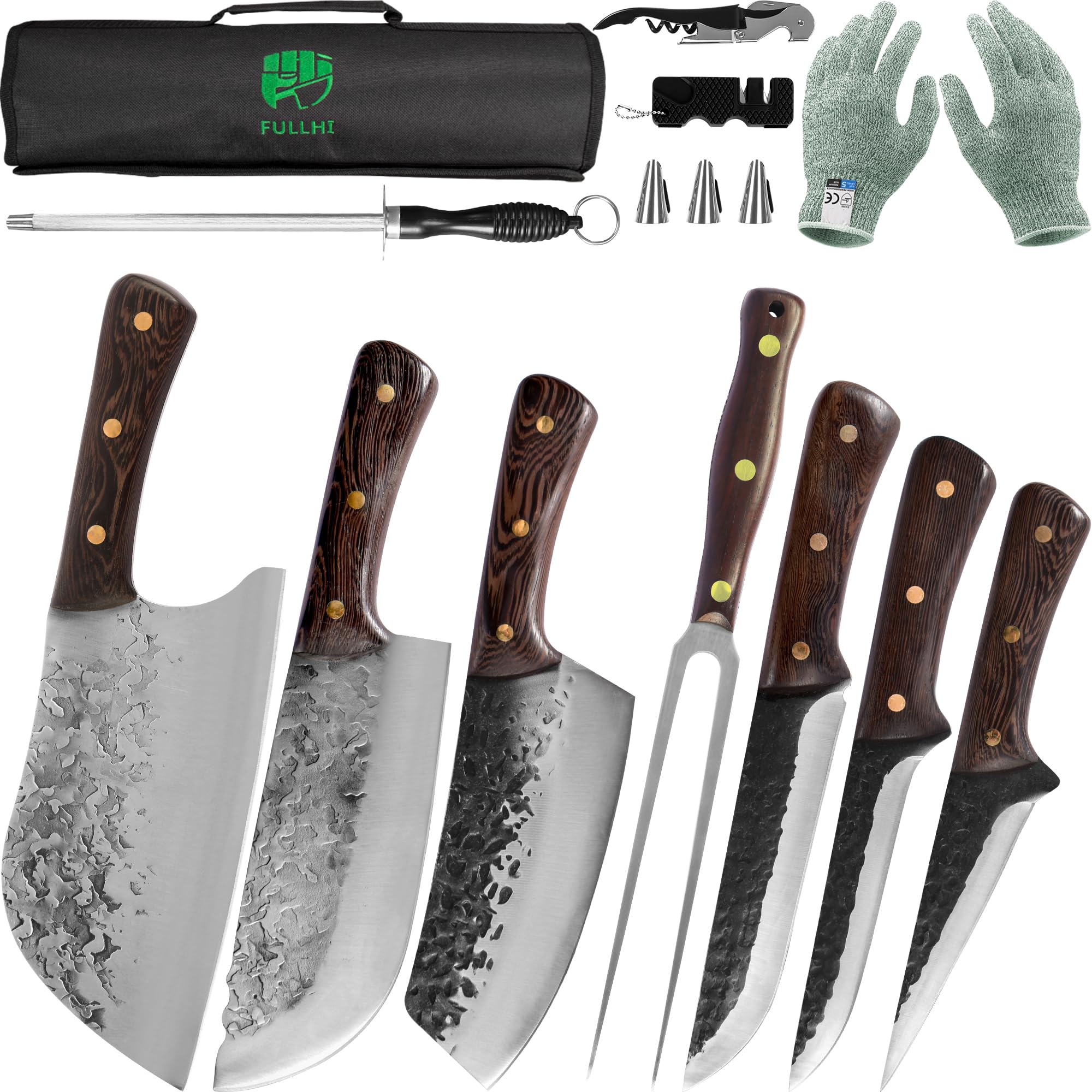 FULLHI 12-Piece Professional Chef Knife Set - High Carbon Steel Hand-Forged Boning & Fillet Knives with Storage Bag - Perfect for Kitchen, Camping, BBQ & Outdoor Cooking
