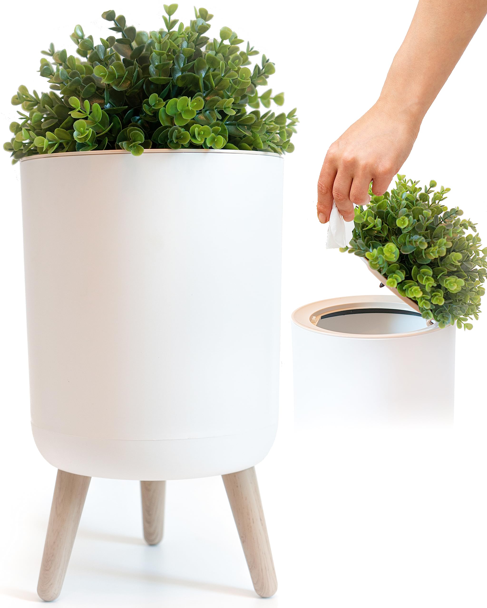 Earth & Mango 1.8 Gallon Small Bathroom Trash Can with Plant-Style Lid - White Decorative Waste Bin for Bathroom, Bedroom & Office - Eco-Friendly Plant-Look Garbage Can for Home, Dorm & Vanity Areas