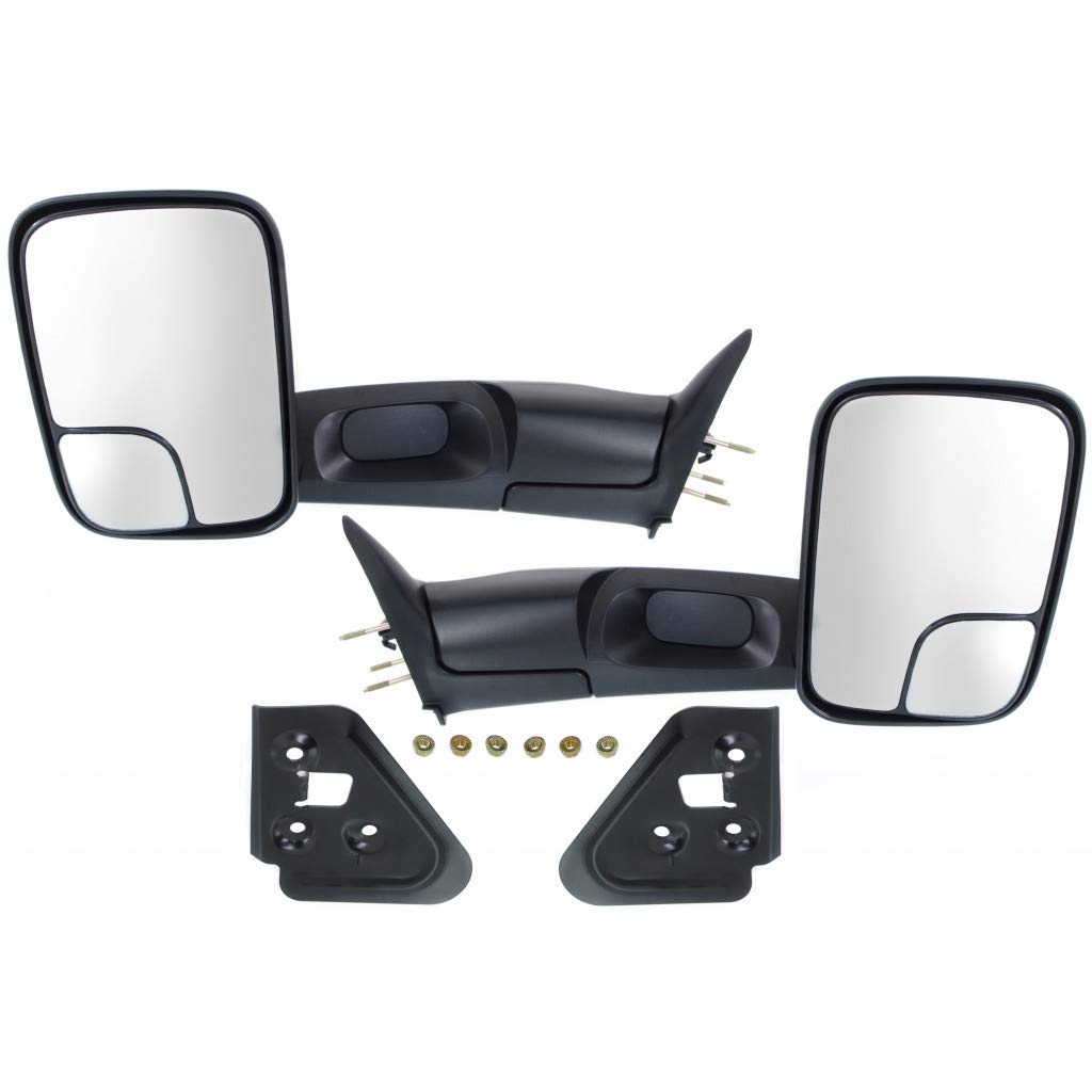 1994-2002 Dodge Ram 2500/3500 Towing Mirrors Pair - Manual Folding Non-Heated Textured Black with Blind Spot Glass & Bracket - CH1320332 & CH1321332 - Perfect for Enhanced Visibility and Safe Towing on Highways and Work Sites