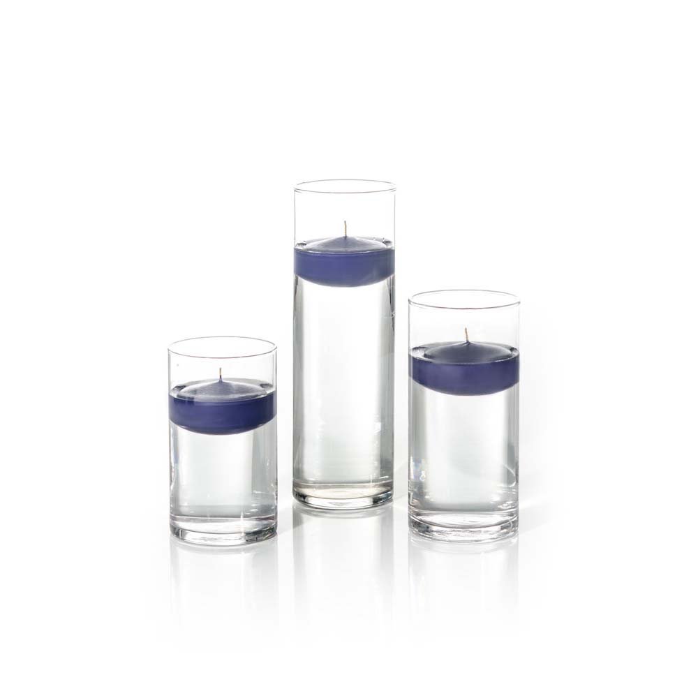 Yummi Set of 18 Navy Blue Floating Candles with Cylinder Vases - Elegant Wedding Centerpieces, Romantic Dinner Decor, Spa Bath Accessories