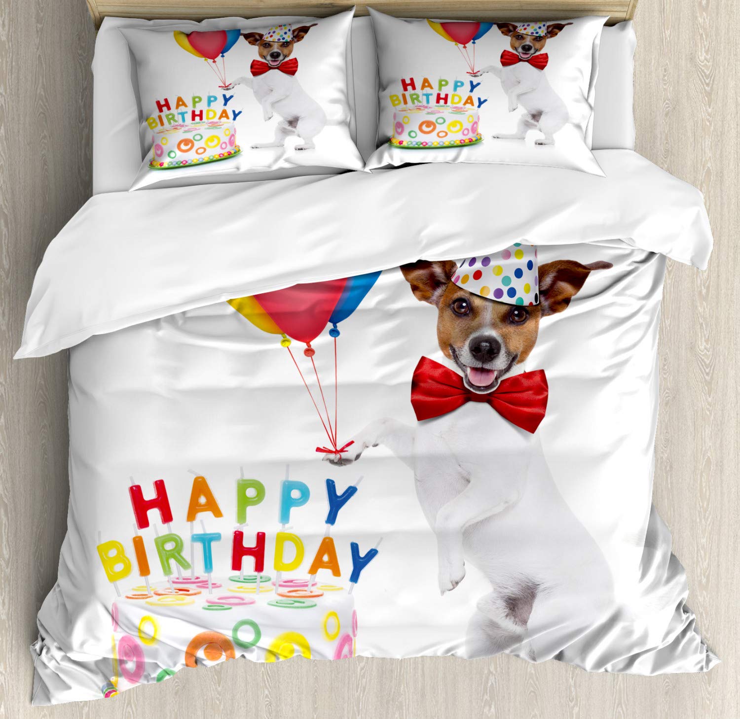 Ambesonne Birthday Party Duvet Cover Set - California King 3-Piece Bedding with 2 Pillow Shams, Fun Celebration Dancing Dog & Cake Balloon Print, Vibrant Multicolor Decor | Perfect for Birthday Parties, Themed Bedrooms & Gift Giving