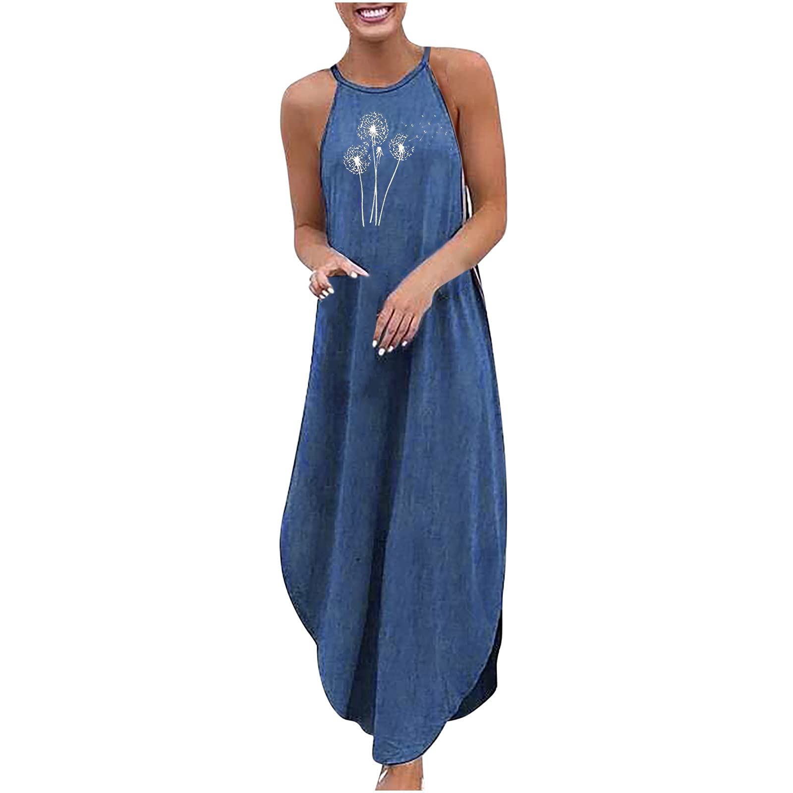 Women's Summer Casual Denim Halter Sundress - Sleeveless Long Maxi Dress with Side Slit & Loose Fit | Beach Cover Up, Vacation Outfit, Boho Chic Fashion