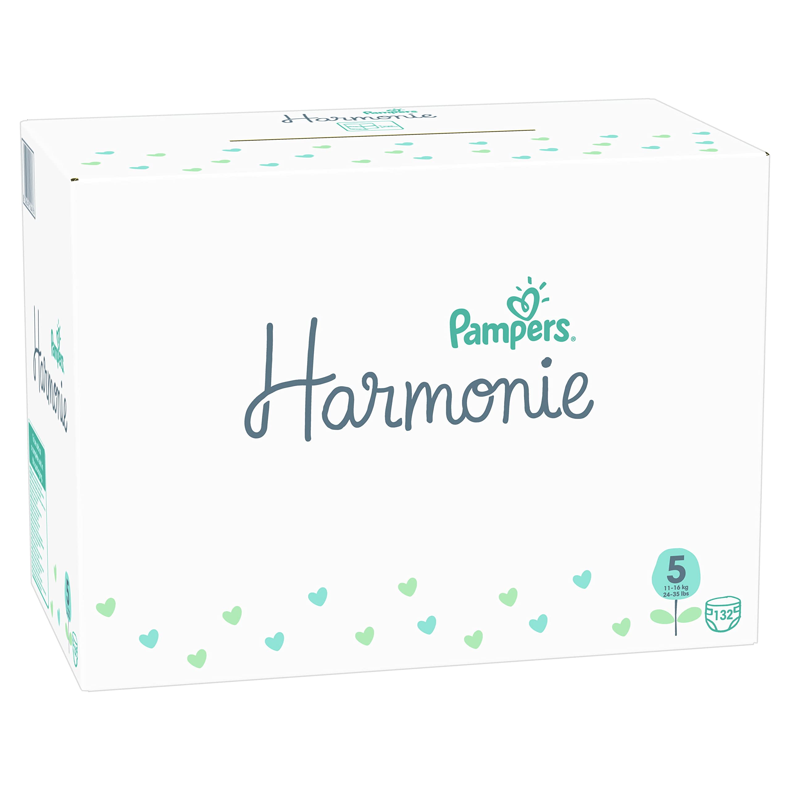 Pampers Size 5 Baby Diapers (11-16 kg / 24-35 lbs), Harmony Series, 132 Count - 1 Month Supply | Plant-Based, Hypoallergenic & Ultra Absorbent | Day & Night Protection for Active Babies | Perfect for Travel, Daycare & Home Use