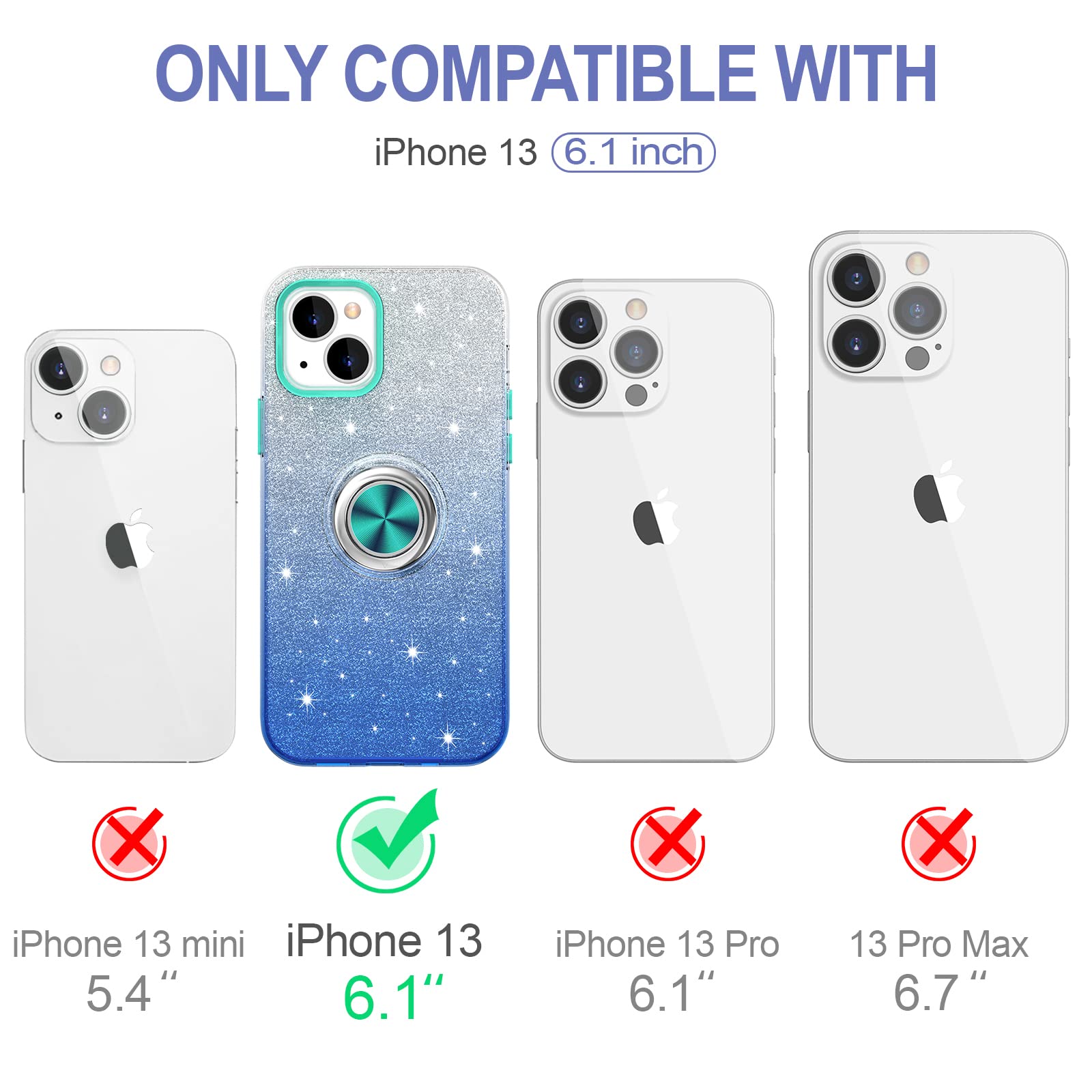 Hython Magnetic Phone Case for iPhone 13 with 360° Rotatable Ring Stand & Kickstand - Glitter Bling Sparkle Hybrid Slim Protective Cover for Women (Blue) | Perfect for Car Mounting, Hands-Free Viewing & Everyday Protection