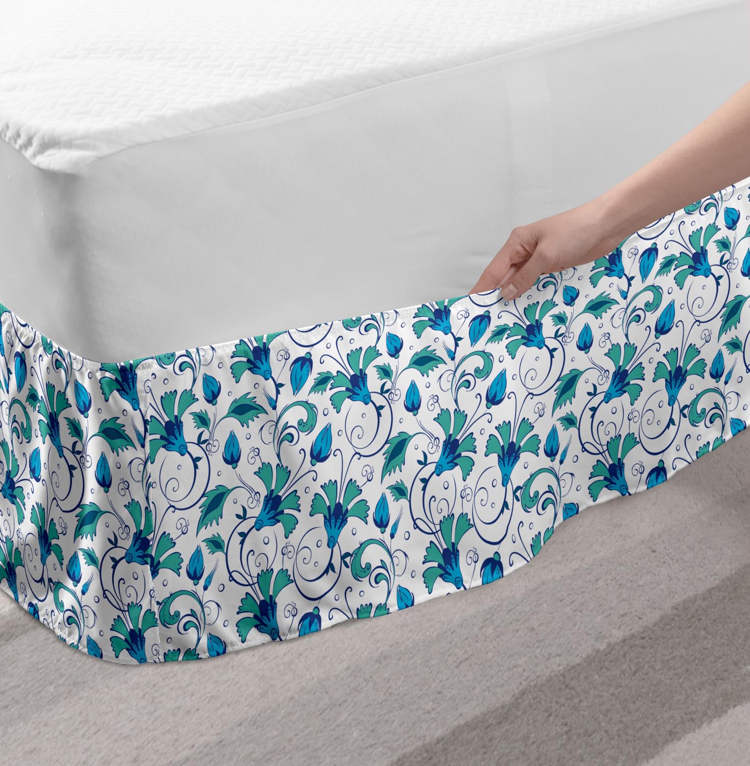 Ambesonne Floral Bed Skirt - Queen Size Turquoise & Sky Blue Elastic Wrap Around Dust Ruffle with Oriental Tulip & Leaf Pattern | Perfect for Bedroom Decor, Guest Room Styling & Bohemian Home Design