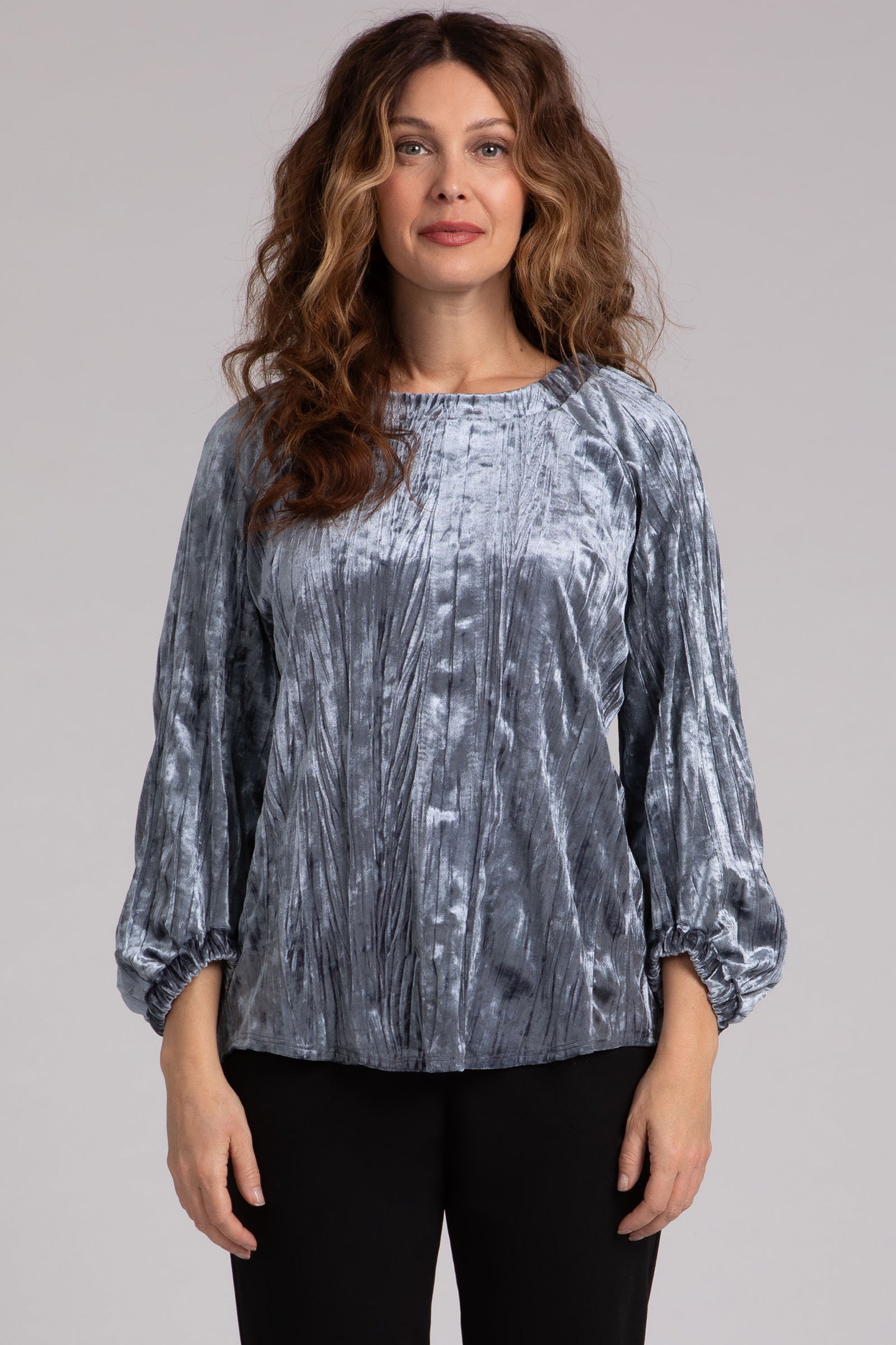 Crinkle Velvet Pullover Sweatshirt with Elastic Cuffs - Soft & Stylish Women's Casual Wear in Gunmetal | Perfect for Lounge, Workout & Everyday Comfort