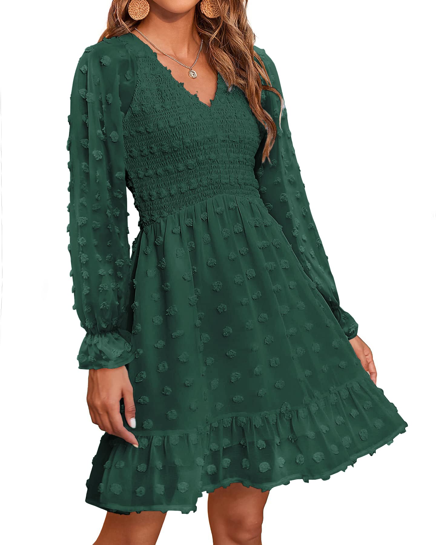 BTFBM Women's Smocked Short Dress - V Neck Long Sleeve Swiss Dot Ruffle Chiffon Flowy Mini Dress for Spring Summer 2025 | Casual Outfit for Brunch, Date Night & Beach Vacation