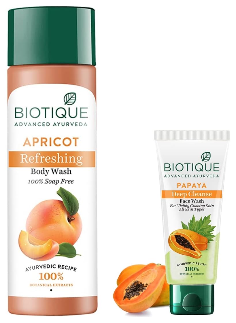 Biotique Bio Apricot Refreshing Body Wash 190ml & Bio Papaya Face Wash 150ml - Natural Skincare for All Skin Types | Hydrating & Brightening for Daily Use at Home or Travel