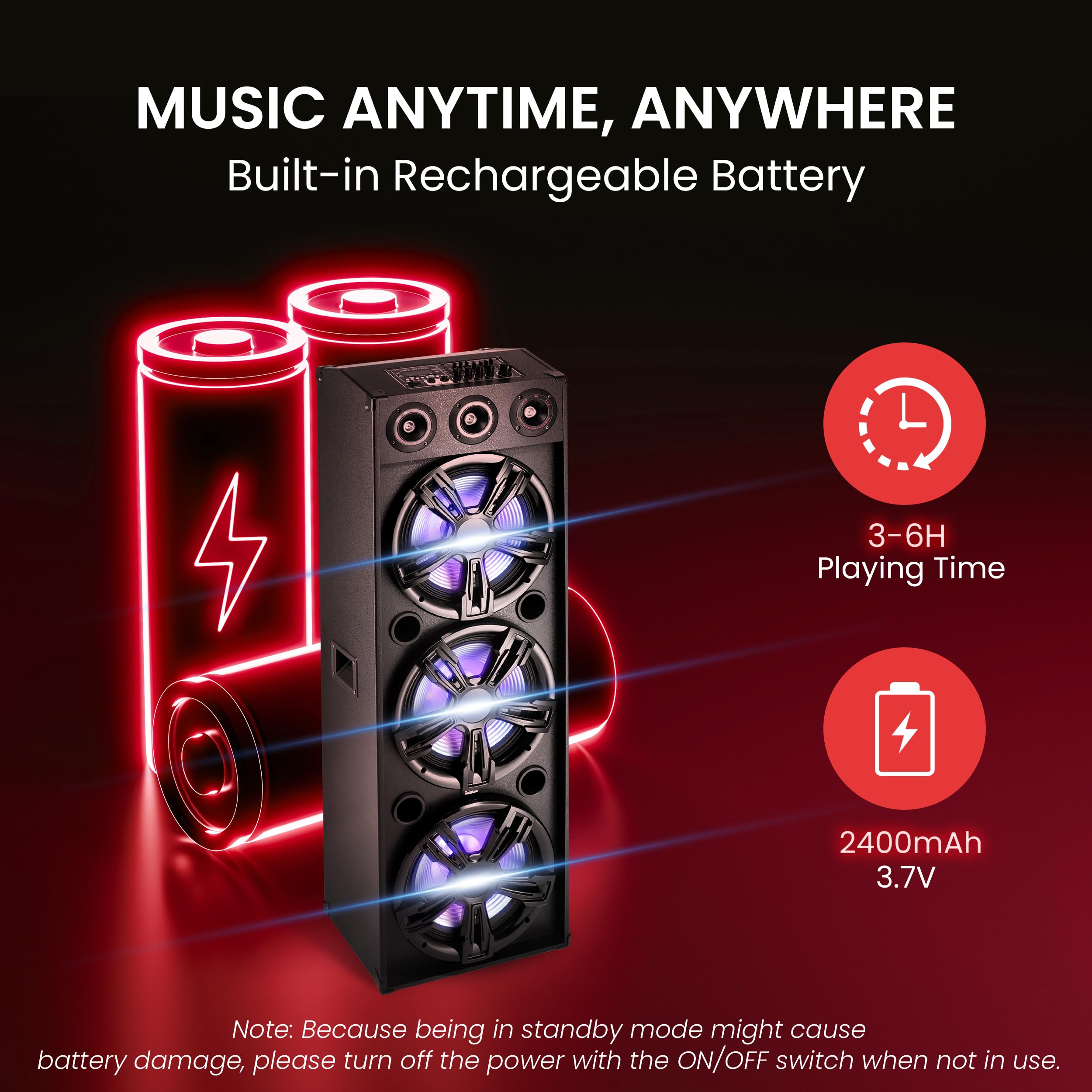3x12” Portable Bluetooth PA Karaoke Speaker System - 2200W Powerful Sound with LED Lights, USB/SD/FM/BT/Aux Inputs & Remote Control - Ideal for Parties, Outdoor Events & Home Karaoke
