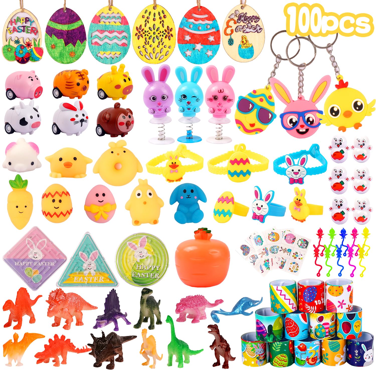 100-Pack Easter Egg Fillers & Basket Stuffers for Kids - Squishy Toys, DIY Eggs, Cars, Bracelets, Bunny Maze - Perfect for Easter Gifts, Classroom Prizes, Egg Hunts & Party Supplies