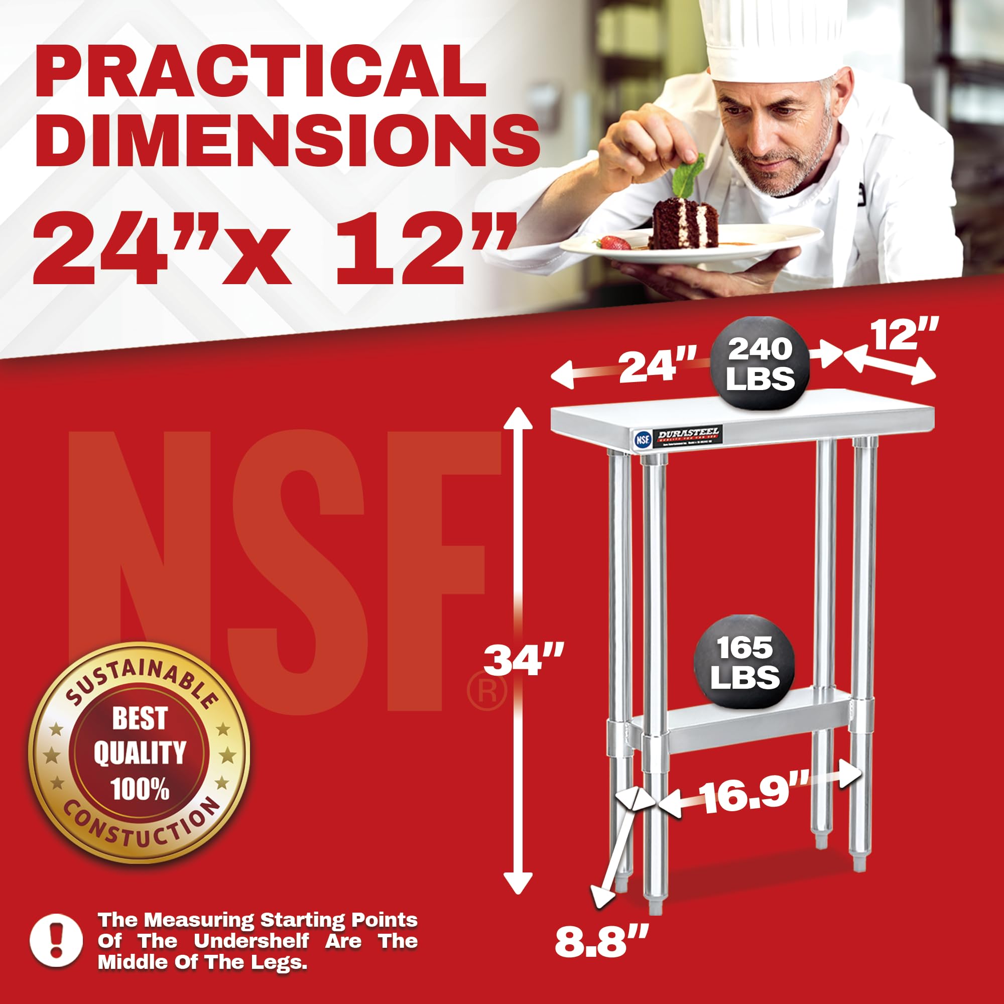 DuraSteel 24x12 Stainless Steel Commercial Work Table - NSF Certified Food Prep Table with Undershelf | Compact Kitchen, Laundry Room, Outdoor Grill & Small Space Solution