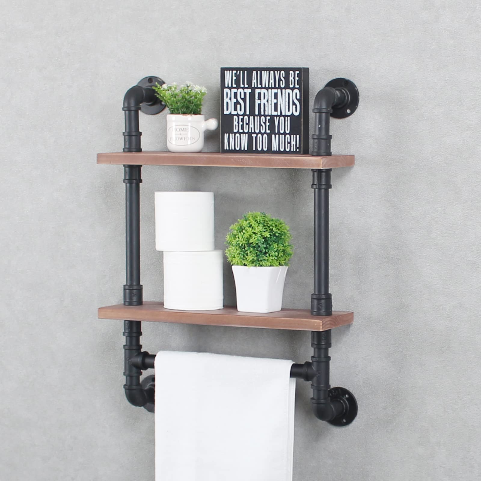 Rustic Industrial Towel Rack for Bathroom - 2 Tier Farmhouse Wall Mounted Shelf with Towel Bar | Over Toilet Space Saving Storage | Gray Bathroom Decor for Modern & Vintage Home Style