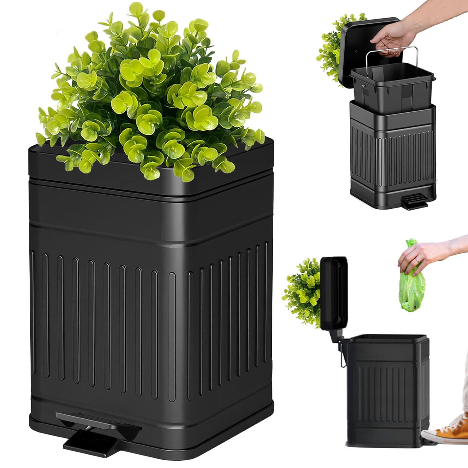 Small Bathroom Trash Can with Lid - Plant-Styled Outdoor Dog Waste Bin - Farmhouse Retro Metal Garbage Can for Office & Home - Dog Poop Container with Pedal & Soft Close - 5L/1.3 Gal Capacity - Black - Perfect for Bathrooms, Patios, Gardens & Pet Areas