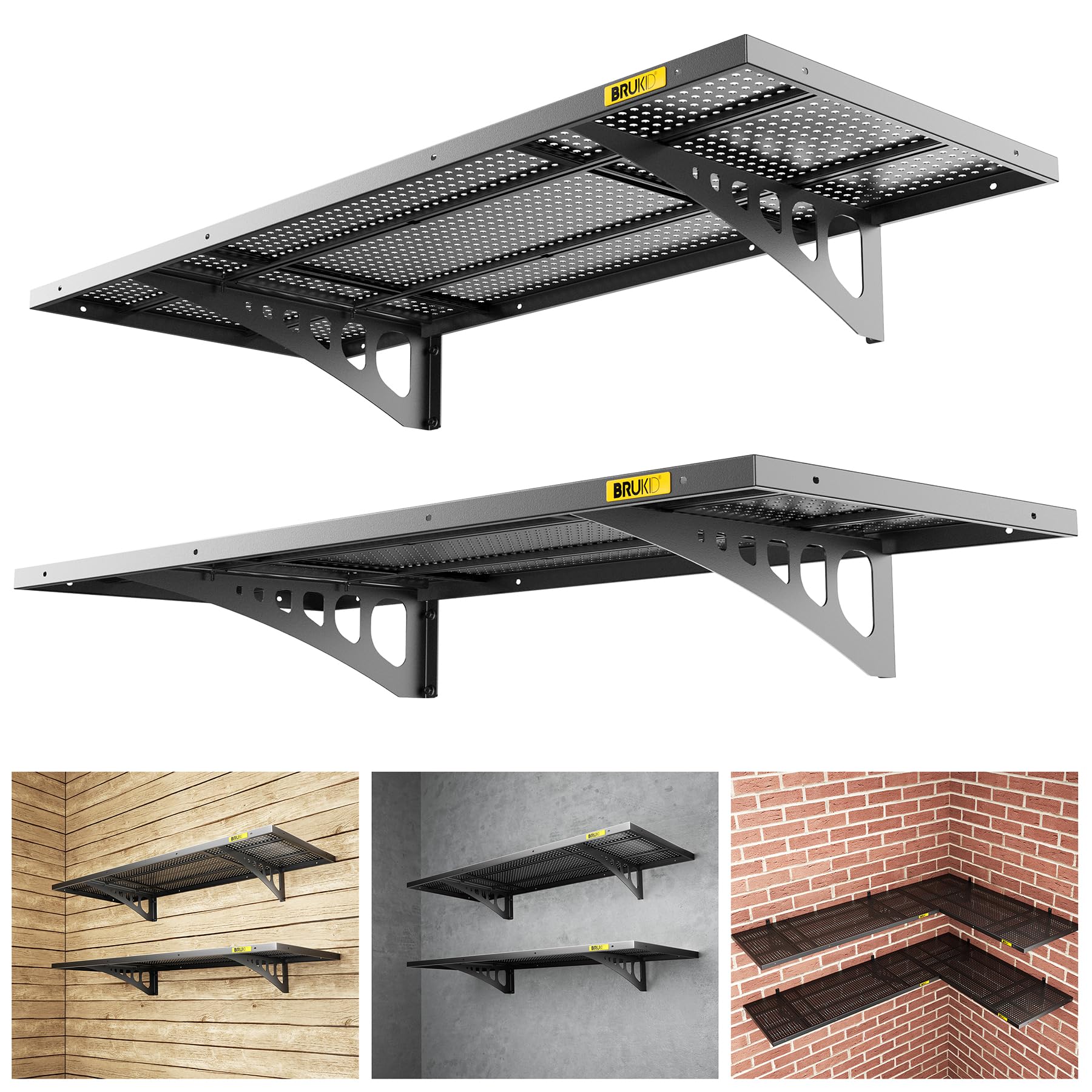 2-Pack 1.64x4ft Adjustable Wall Mounted Shelves - Heavy Duty Garage Storage Racks for Organizing Tools, Kitchenware & Home Decor - Perfect for Garage, Basement, Pantry & Laundry Room Organization (Black)