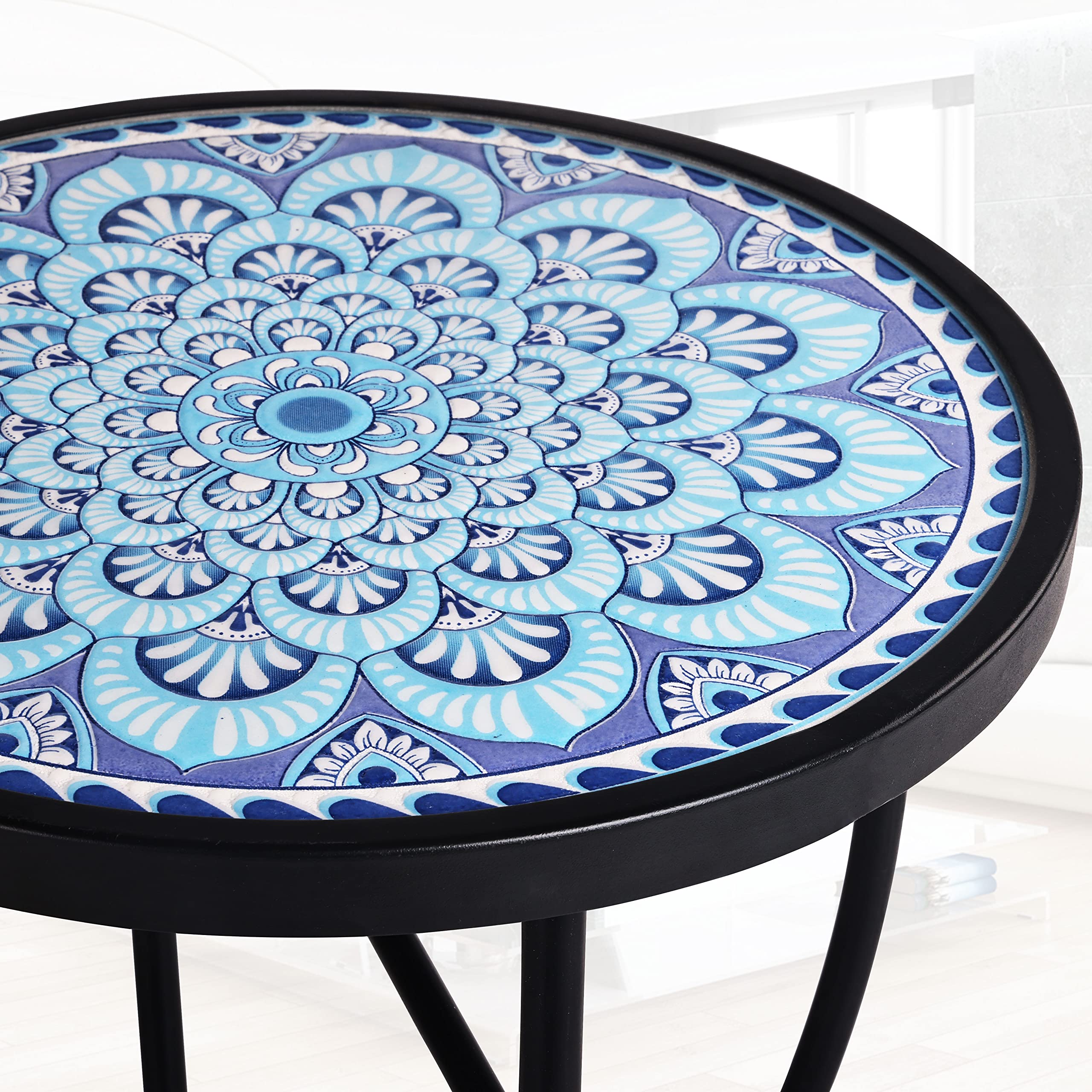 14 Inch Round Ceramic Tile Top Side Table for Indoor & Outdoor Use - Greek Pattern Accent Table - Perfect for Patio, Garden, or Living Room Decor