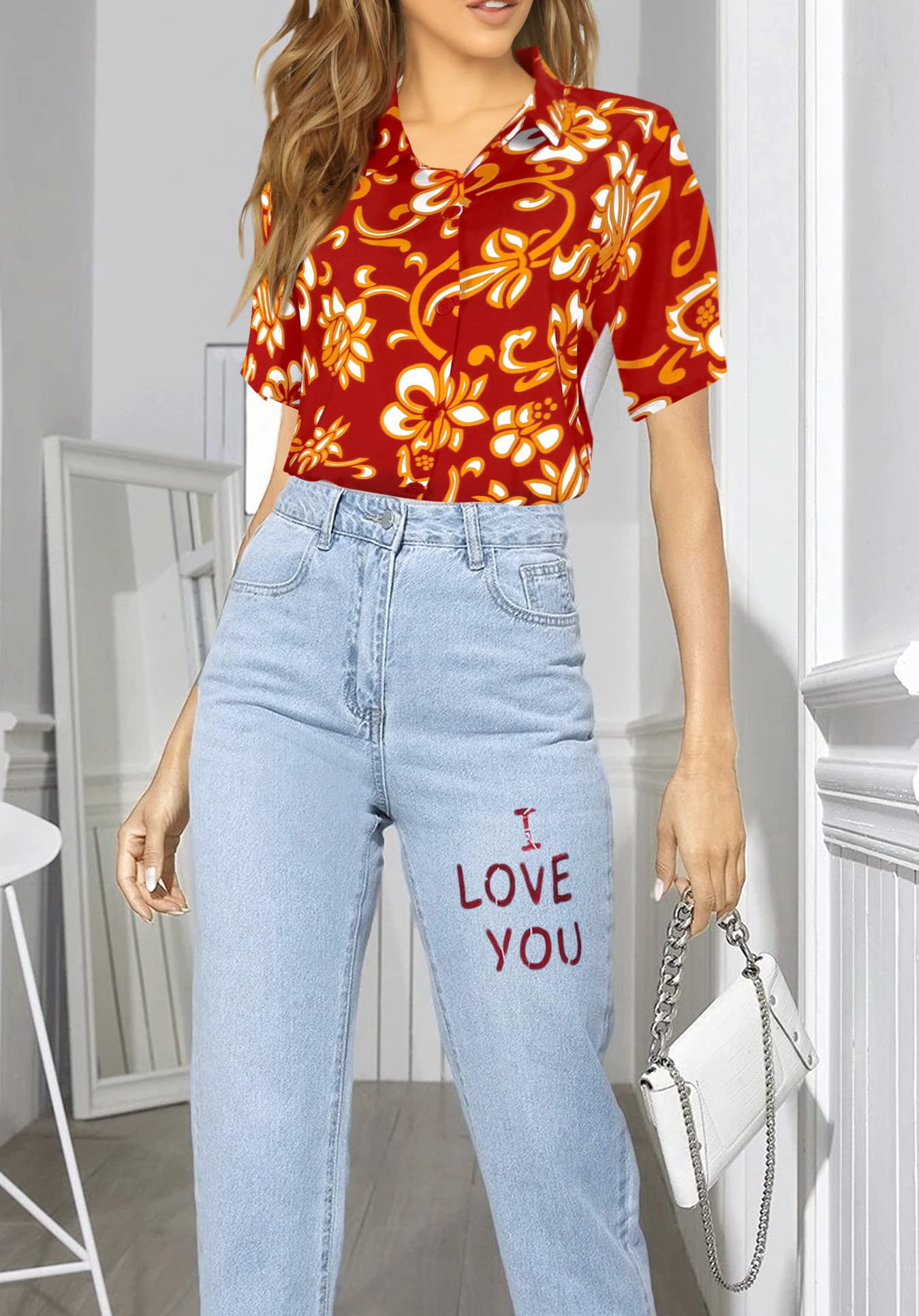 LA LEELA Women's Hawaiian Short Sleeve Beach Blouse Shirt - Tropical Floral Print Vacation Top for Summer, Pool Party & Island Getaway