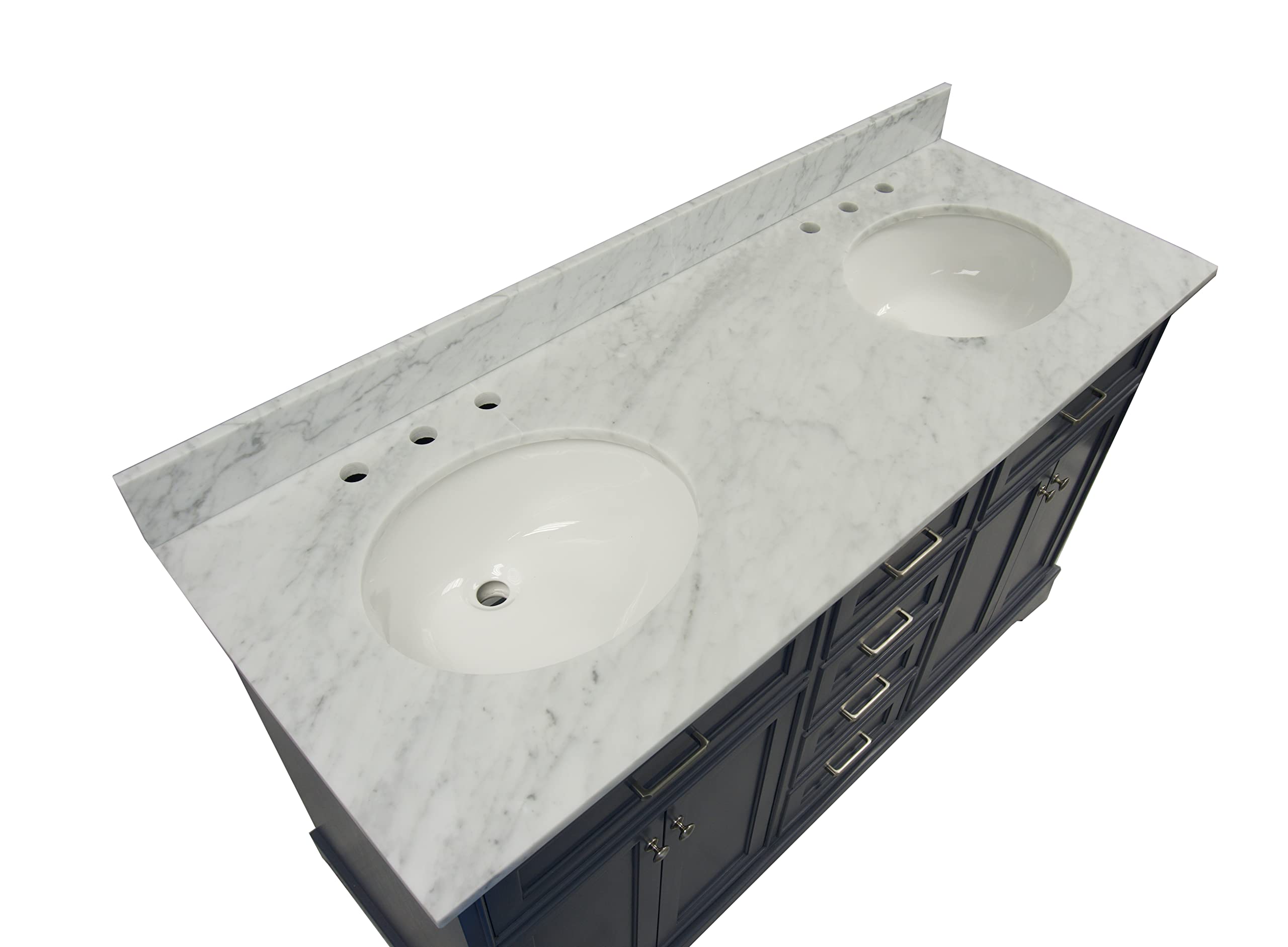 Aria 60-inch Double Bathroom Vanity with Carrara Marble Top & Gray Cabinet - White Ceramic Sinks | Modern Bathroom Storage for Master & Guest Bathrooms | Durable Italian Marble Countertop & Spacious Design