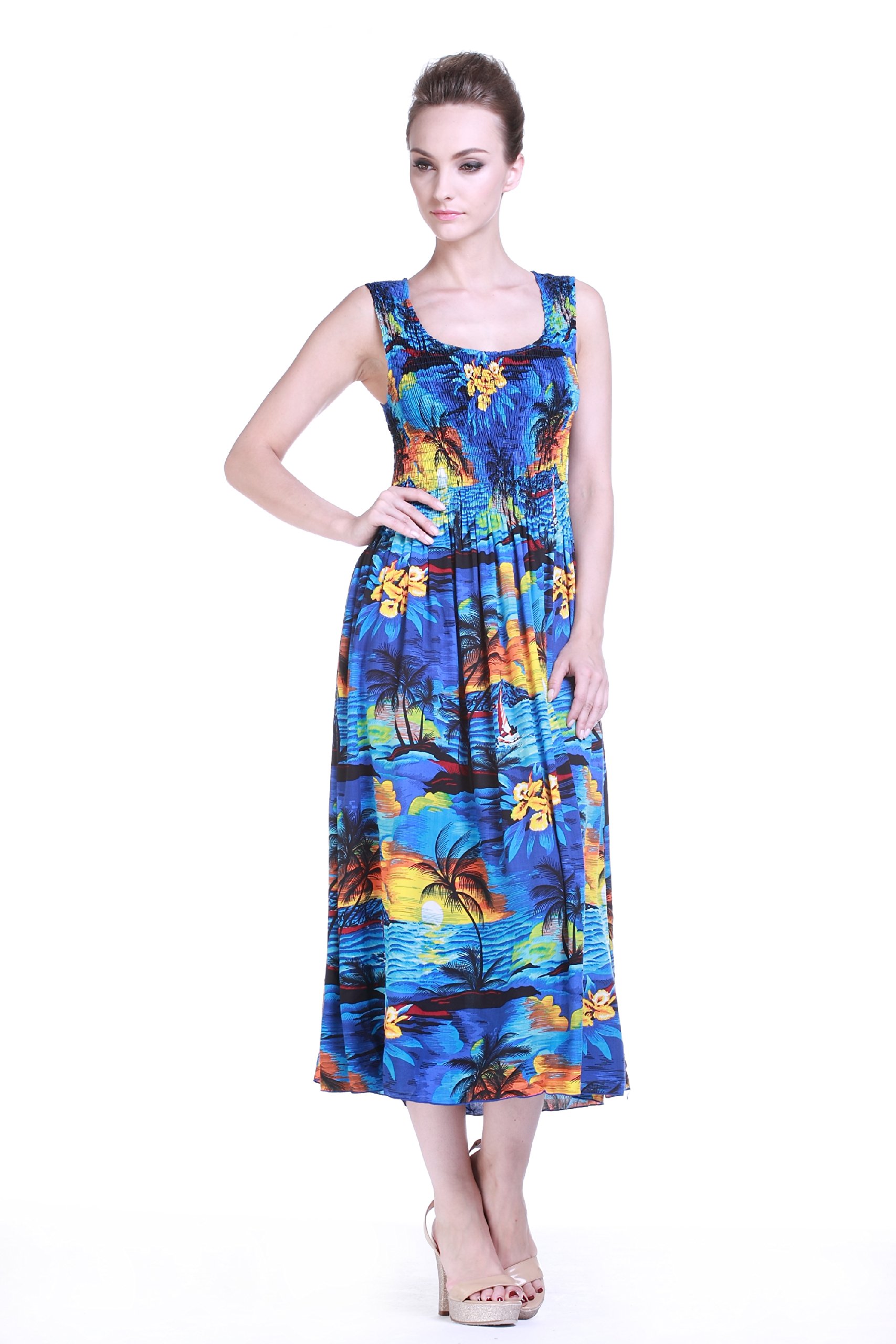 Women's Hawaiian Maxi Tank Dress - Elastic Waist Floral Sunset Print Luau Beach Dress for Summer Vacation, Pool Party & Tropical Getaway