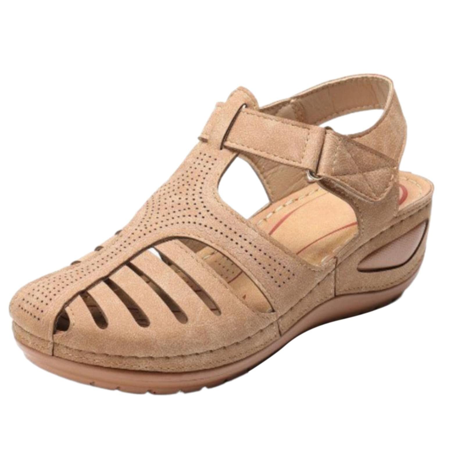 Women's Thick Sole Sandals - Soft Leather Closed Toe Vintage Anti-Slip Shoes - Size 12 Comfortable Walking Sandals for Everyday Wear & Summer Outfits