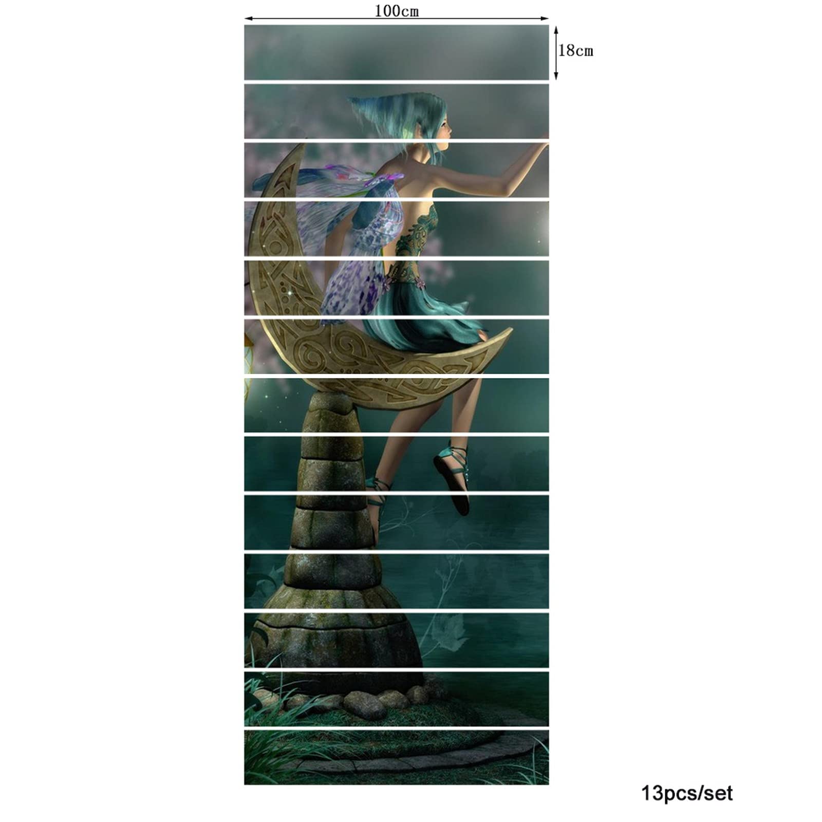 3D Self-Adhesive Removable Stair Stickers - Pixie Elf with Lantern Sitting on Moon Stone Vinyl Decals for Stairs, Kitchen Tiles & Walls (13-Piece Set) - Perfect for Home Decor, Nursery, and Fantasy-Themed Rooms