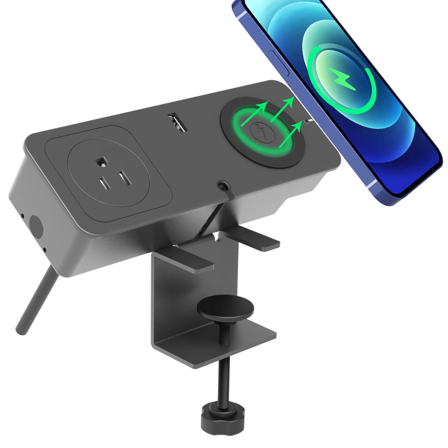 Desk Clamp Power Strip with USB C & Wireless Charger - 2 AC Outlets, 2 USB Ports, 15W Wireless Charging Station, 20W PD Fast Charging - Surge Protector for Home Office Desk (Fits 2.16