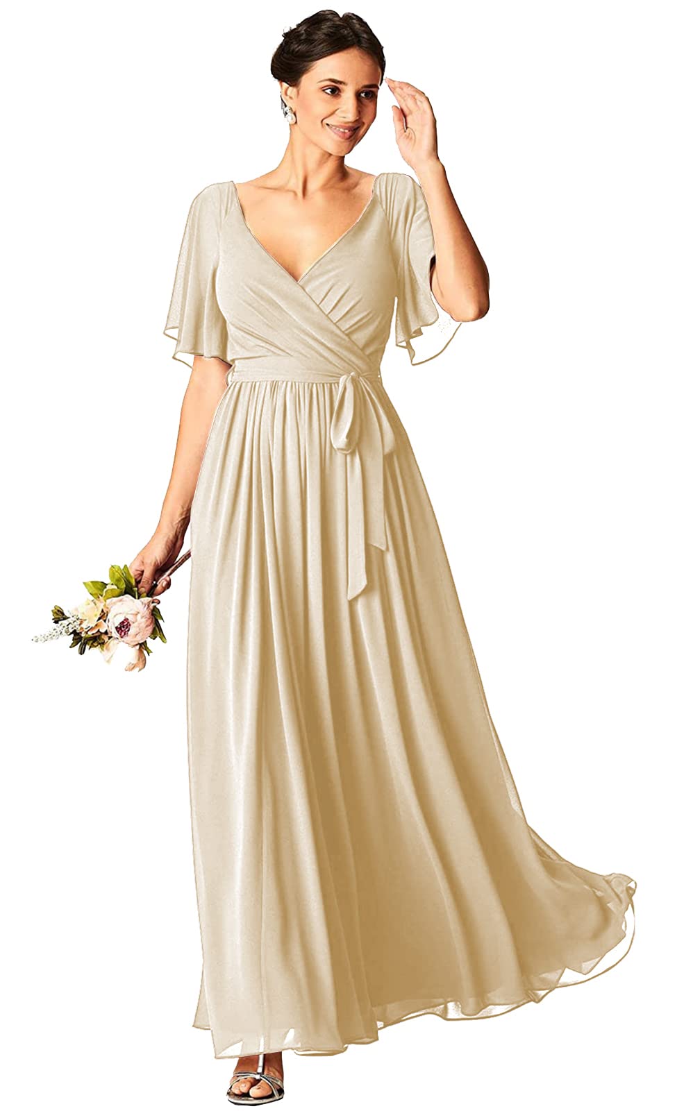 Elegant V-Neck Chiffon A-Line Bridesmaid Dresses with Sleeves for Weddings, Formal Evening Gowns & Special Occasions - Perfect for Bridal Parties, Proms, and Black Tie Events