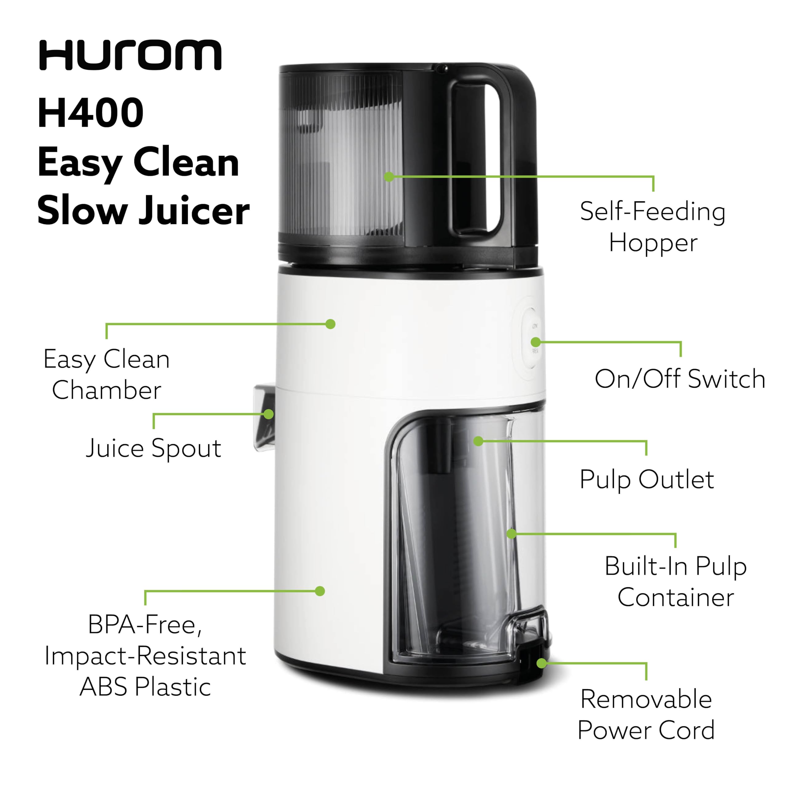 Hurom H400 Easy Clean Slow Juicer - BPA Free Cold Press Masticating Juicer with Hands-Free Operation, Whole Fruit Hopper & Quiet Motor | Perfect for Healthy Juicing at Home, Gym Recovery & Office Wellness