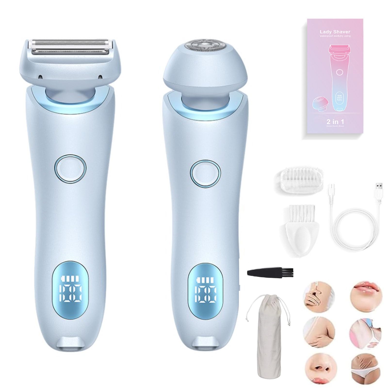 Beautibloom 2-in-1 Electric Razor for Women - Painless Hair Removal for Underarms, Bikini Line & Private Areas - Waterproof Wet/Dry Shaver - Portable & Rechargeable - Perfect for Travel, Gym & Home Use (Blue)