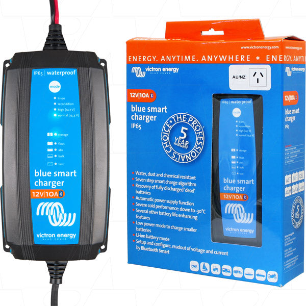 Blue Smart IP65 Waterproof SLA LiFePO4 Battery Charger 12V 10A with Alligator Clips - Perfect for Marine, RV, Solar, and Off-Grid Power Systems