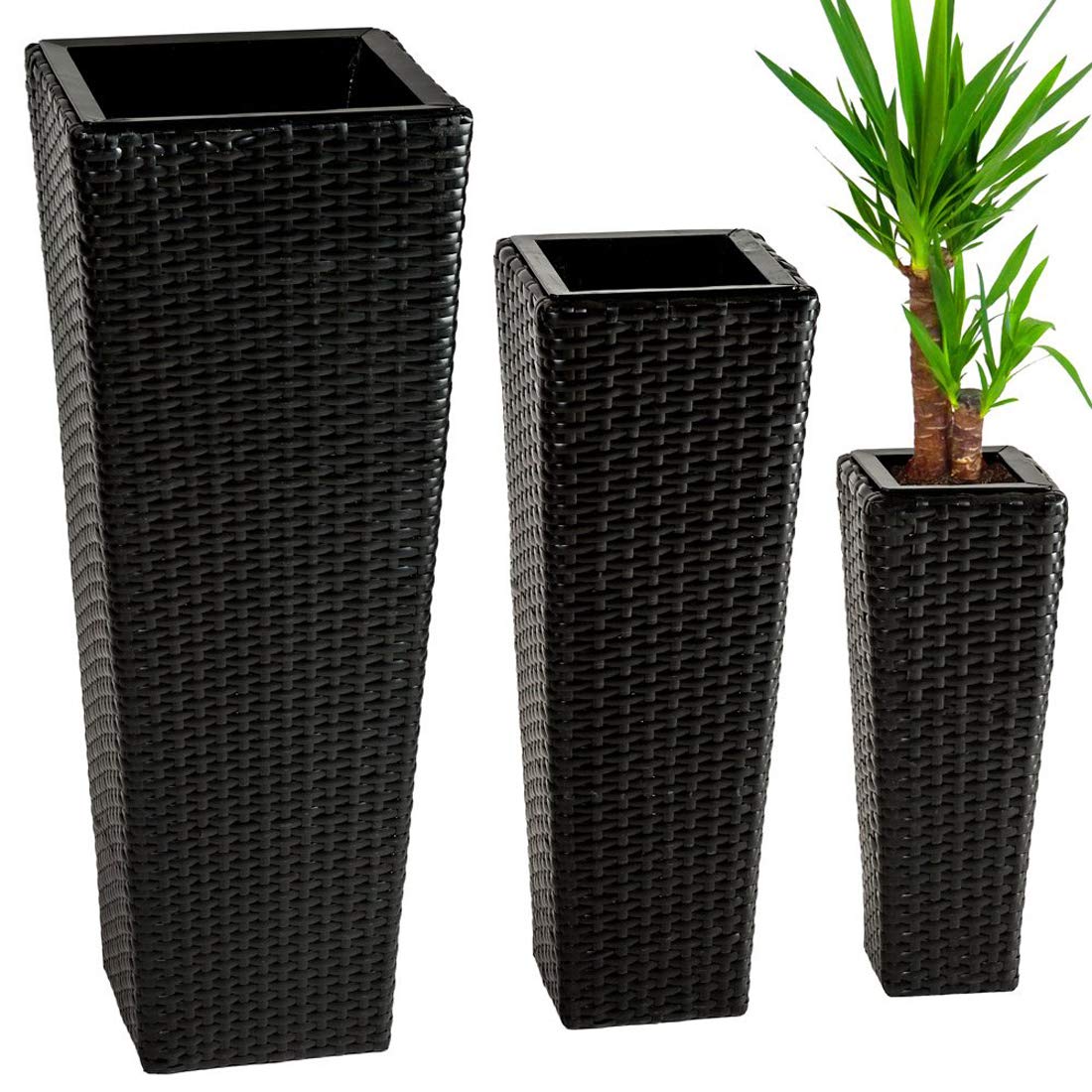 3X Black Rattan Garden Tube Planter Vase - Modern Flower Pots for Patio, Balcony & Outdoor Decor - Perfect for Succulents, Herbs & Small Plants