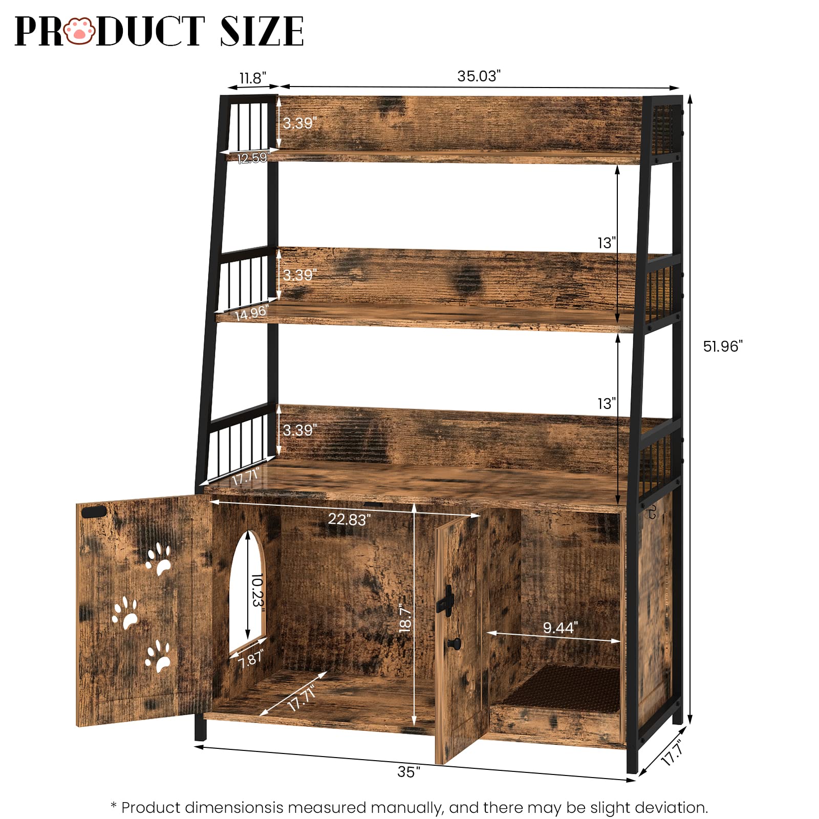 Large Cat Litter Box Enclosure with Storage Shelf - Hidden Cat Washroom Furniture - Wooden Cat House with Scratching Pad - Sturdy 2-Door Indoor Cat Cabinet in Rustic Brown - Perfect for Small Spaces & Multi-Cat Homes