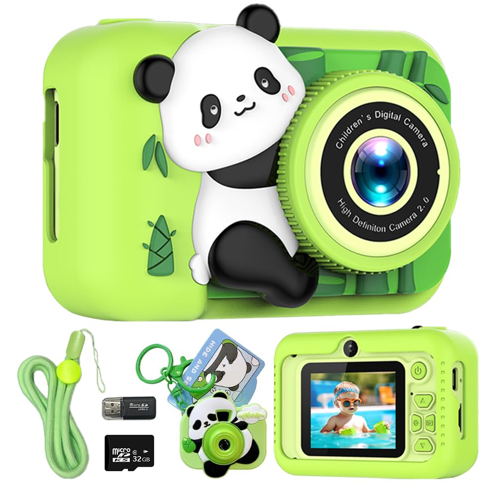 HD Kids Camera Toy with 1080P Video Recording, 32GB SD Card, Puzzle Games & Eye Protection Screen - Perfect Christmas Birthday Gift for Boys Girls Ages 3-12 (Green Panda Pendant) - Capture Family Moments, Outdoor Adventures & School Activities