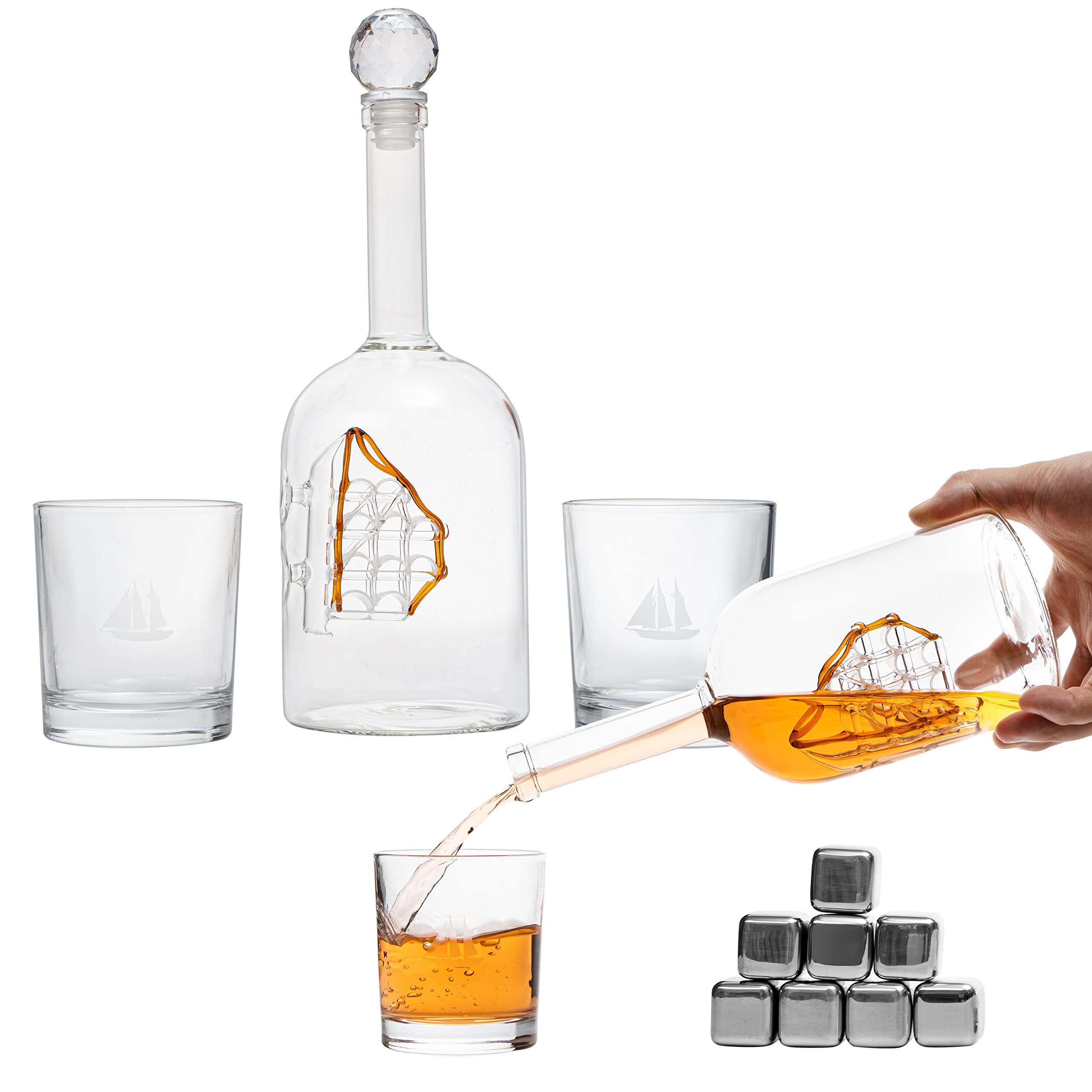 Premium Whiskey Gift Set for Men - Handcrafted Wooden Decanter Box with 8 Chilling Stones & 2 Glasses | Bourbon & Scotch Accessories | Ideal for Dads, Boyfriends, Anniversary & Birthday Gifts | Home Bar, Man Cave & Office Decor (16