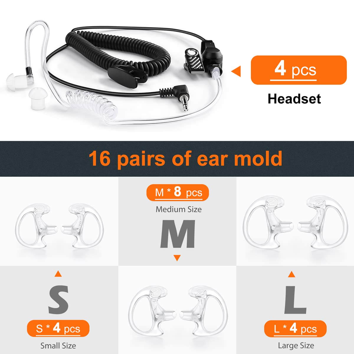 Zeadio 3.5mm Surveillance Earpiece Headset - Listen Only with Acoustic Tube & Earmold - Compatible with Smartphones, Two-Way Radios, Transceivers & Speaker Mics (4 Pack) - Ideal for Security, Surveillance & Communication Professionals