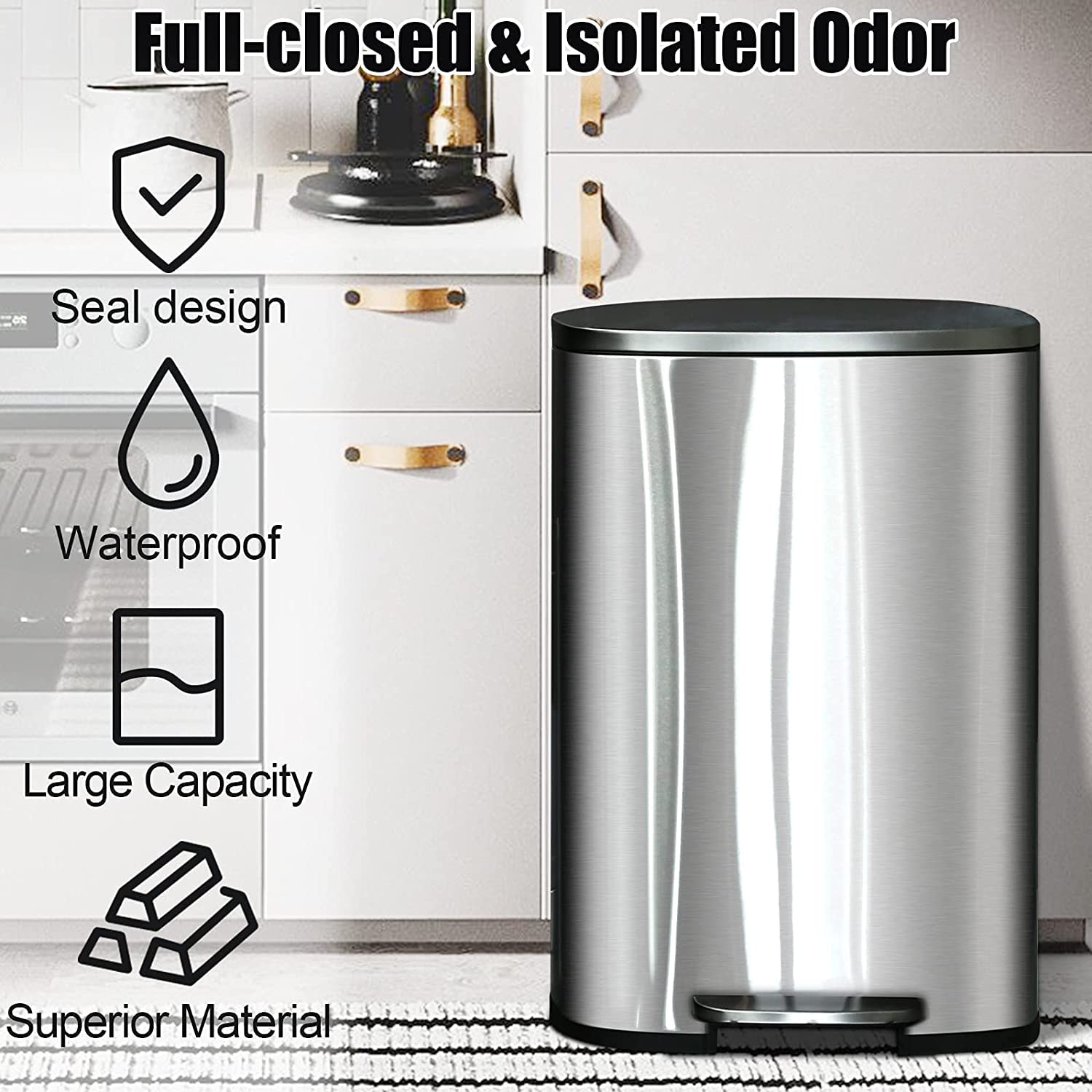 13 Gallon Stainless Steel Step Trash Can with Lid - Silver Kitchen Garbage Bin for Home, Office & Restaurant Use