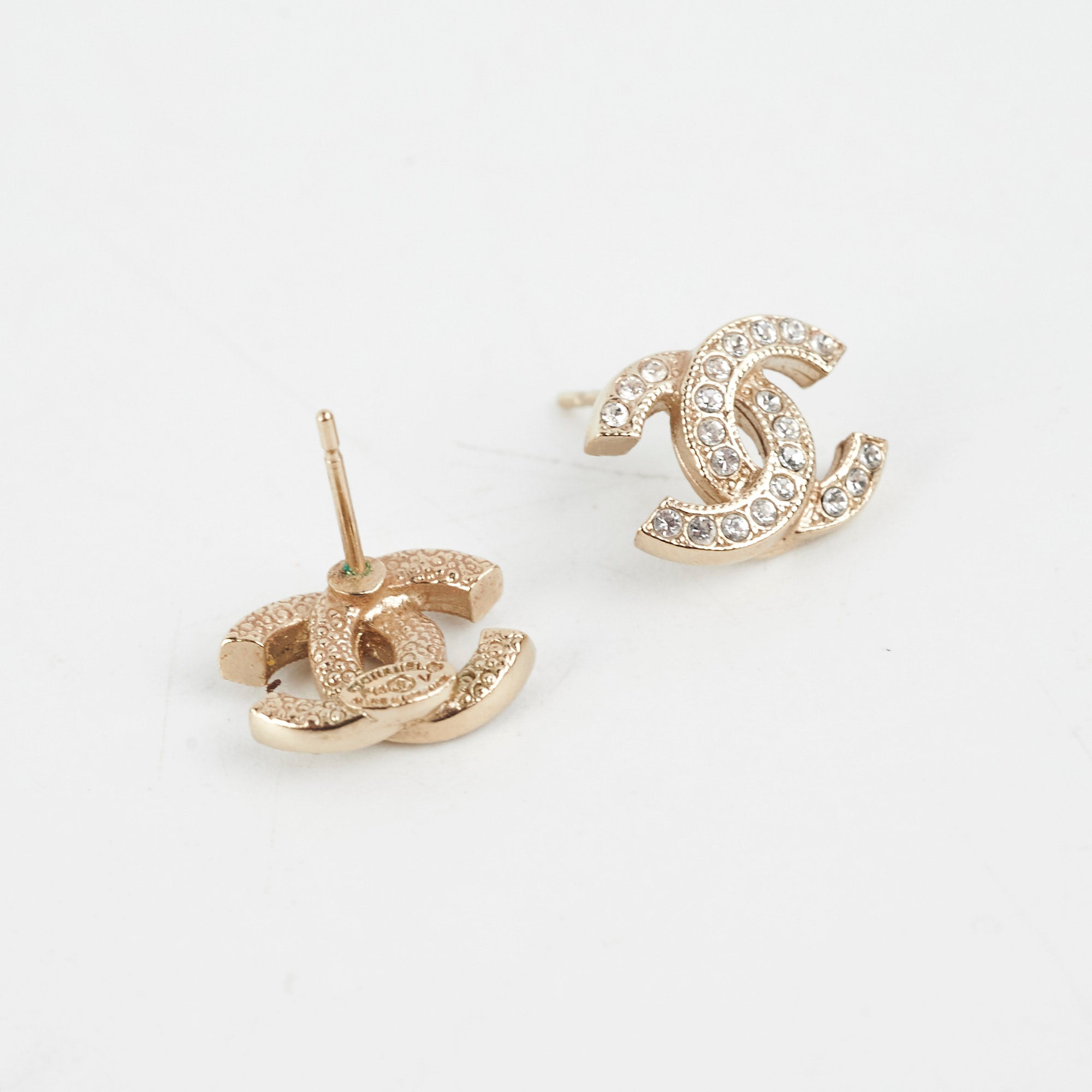 Chanel Mini CC Logo Rhinestone Gold Earrings - Elegant Costume Jewelry for Women - Perfect for Parties, Weddings & Special Occasions